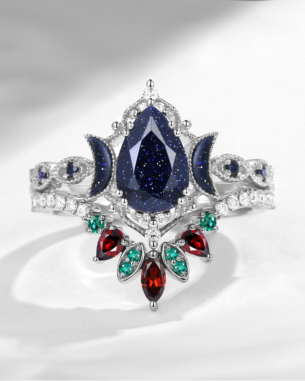Crescent Moon | Christmas Inspiration Pear Cut Blue Sandstone 'Ultra Galaxy' Engagement Ring Set 2pcs