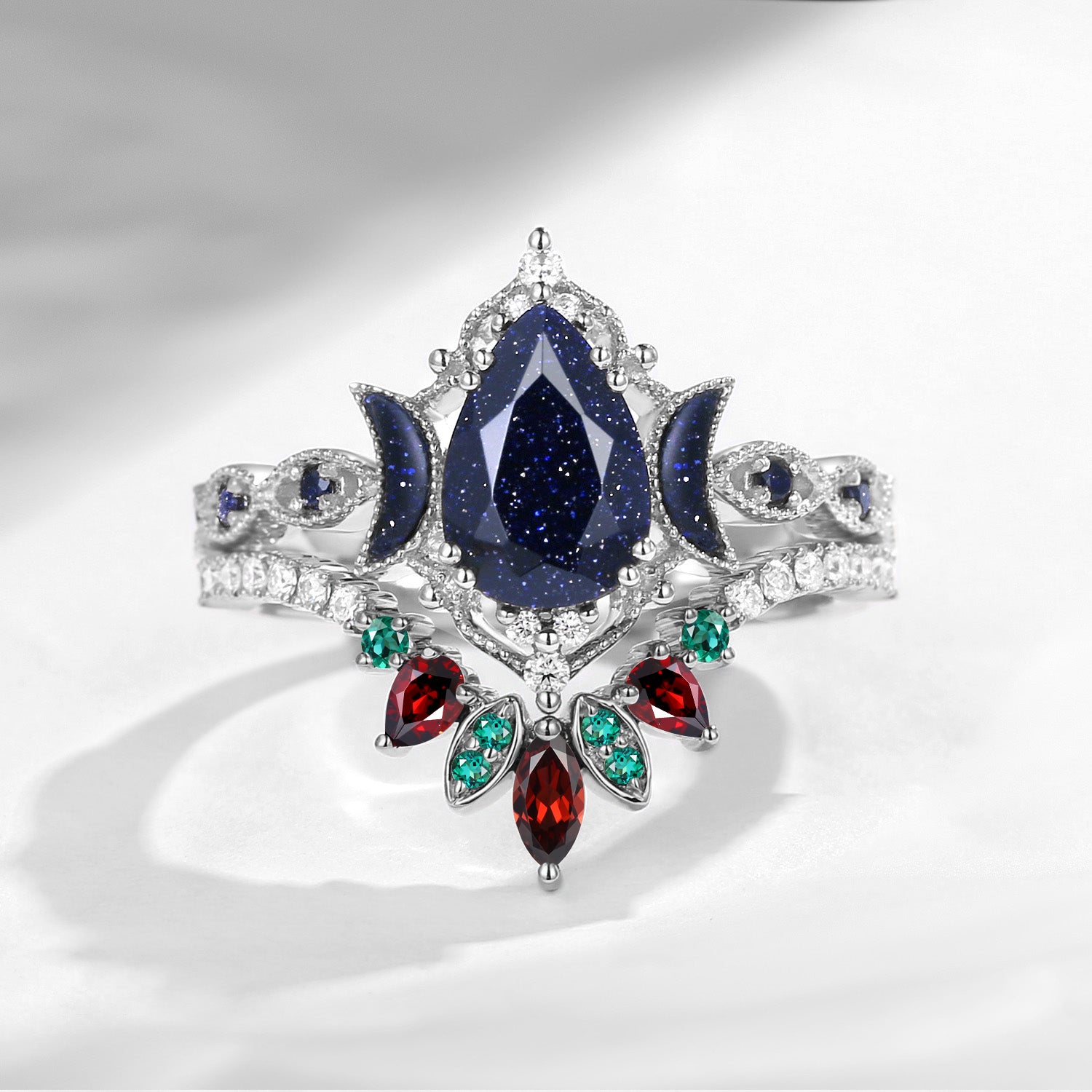 Crescent Moon | Christmas Inspiration Pear Cut Blue Sandstone 'Ultra Galaxy' Engagement Ring Set 2pcs