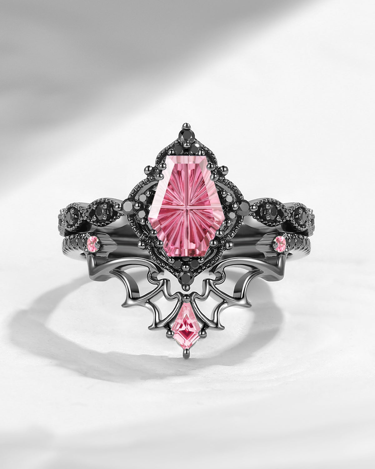 'Dark Romance' – Gothic Fantasy Carved Coffin Natural Pink Tourmaline Engagement Ring Set