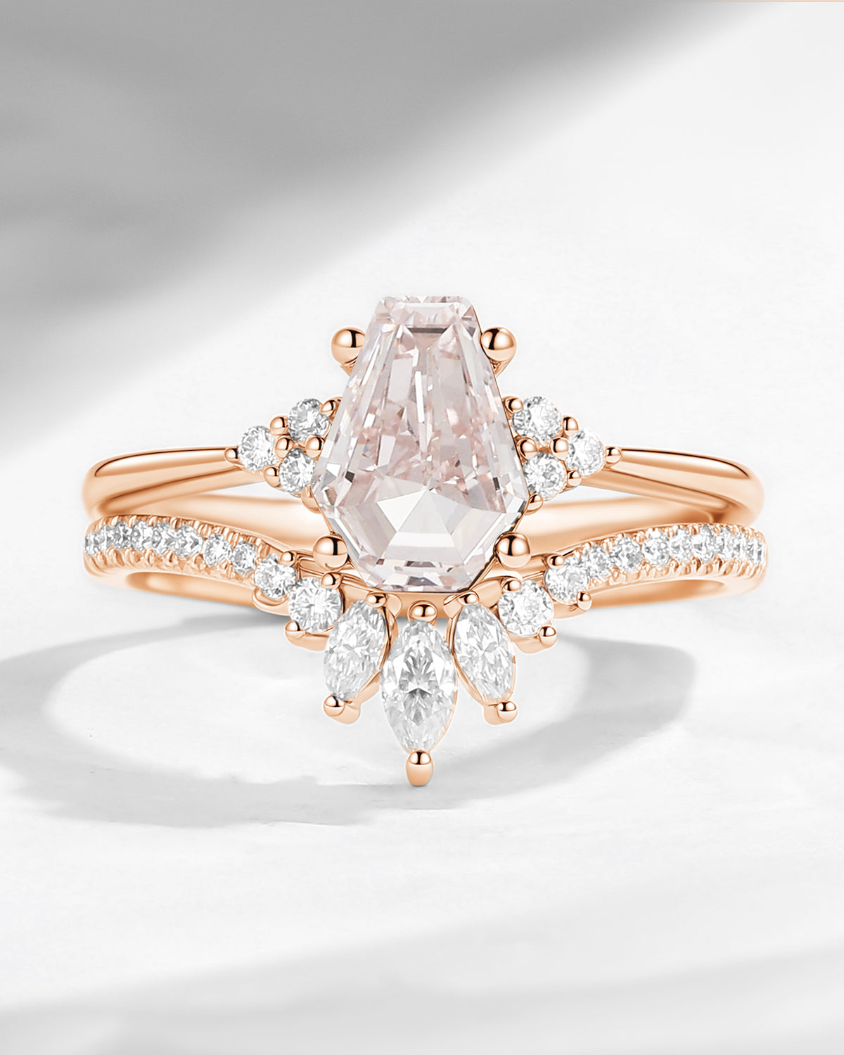 1.0-2.0ct Classic Coffin Cut Pink Lab Diamond Engagement Set 2pcs - White Dress