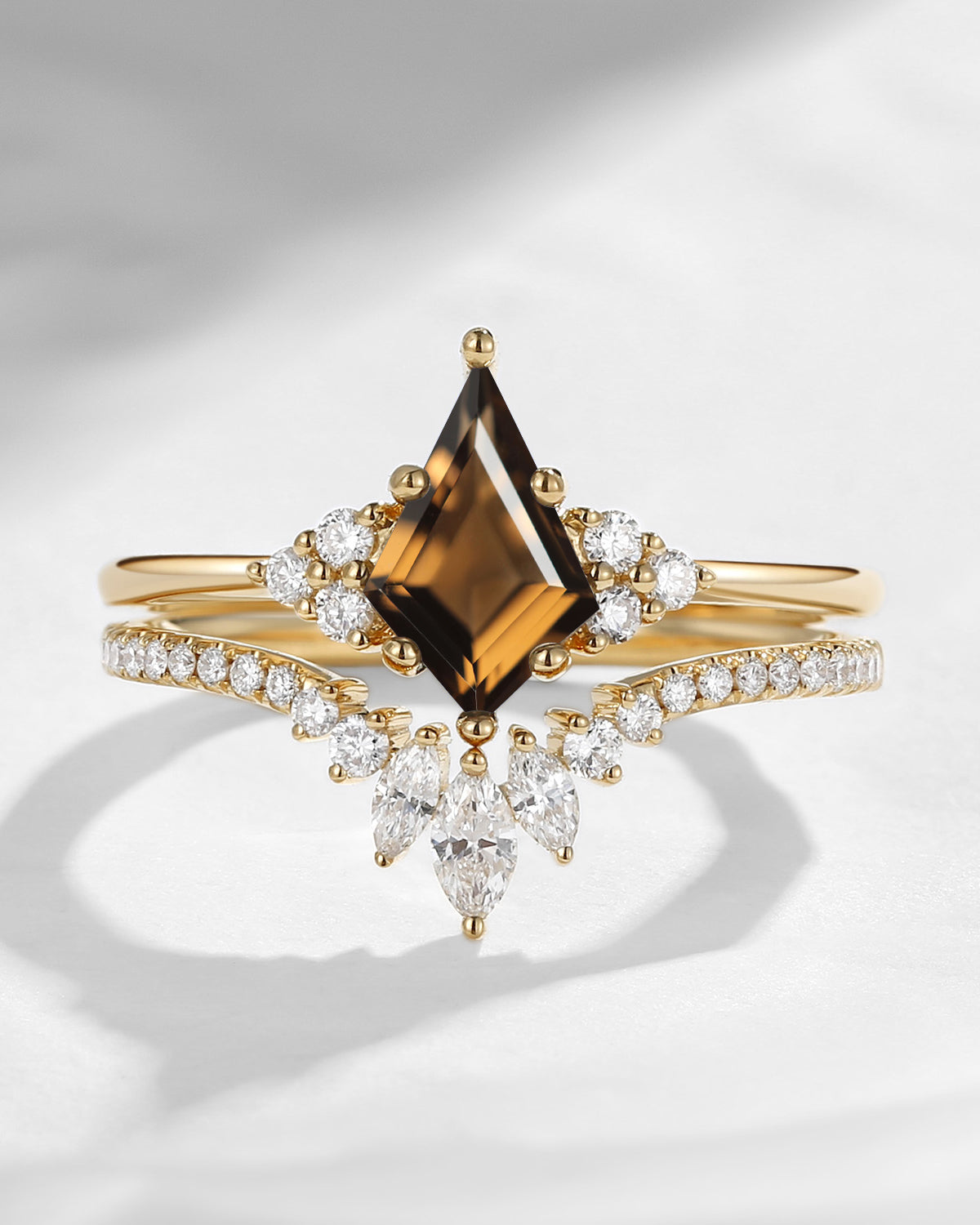 Classic Style Kite Cut Smokey Quartz Cluster Engagement Ring Set 2pcs - Electra