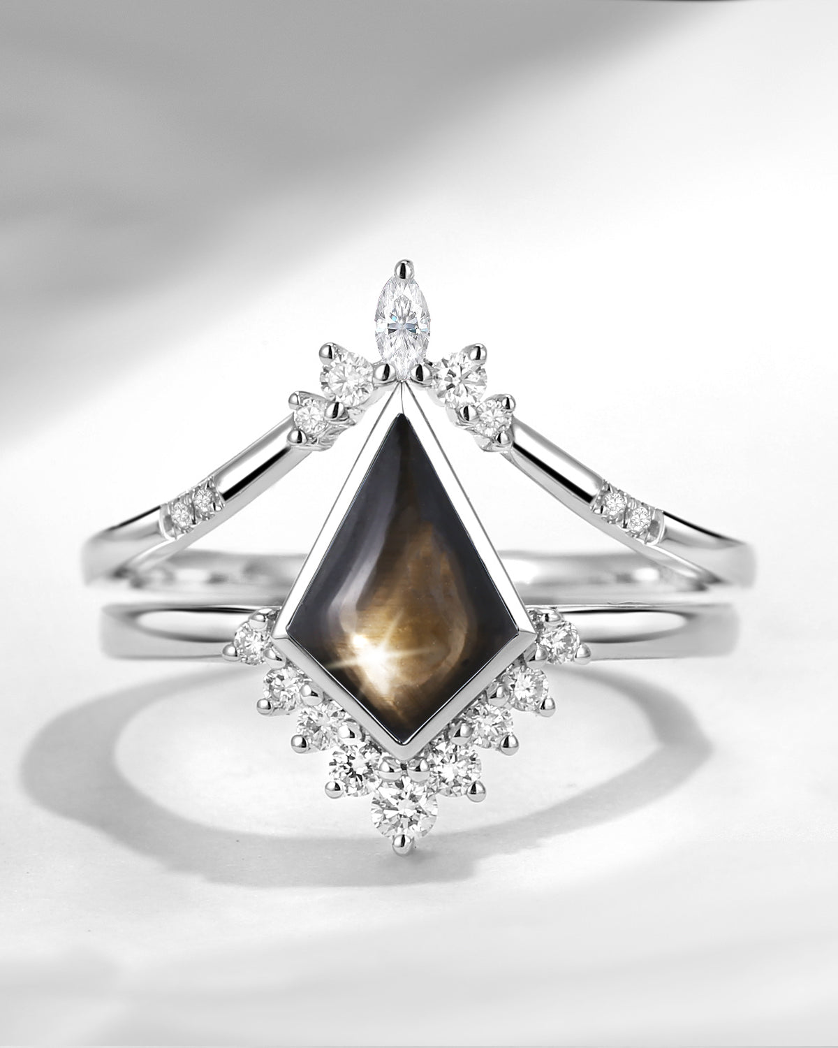 Classic Style Kite Cut Natural Black Star Sapphire Engagement Ring Set 2pcs