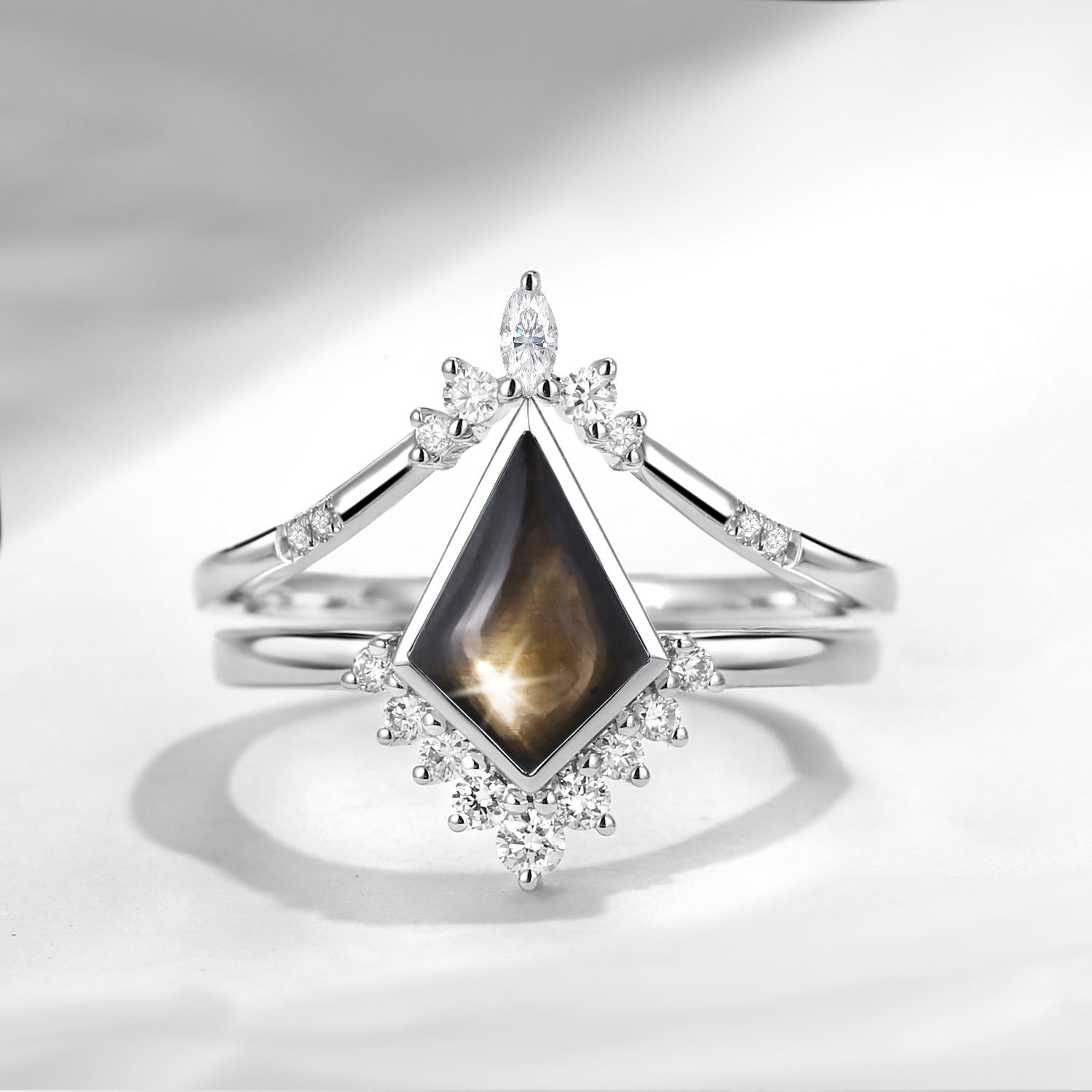 Classic Style Kite Cut Natural Black Star Sapphire Engagement Ring Set 2pcs