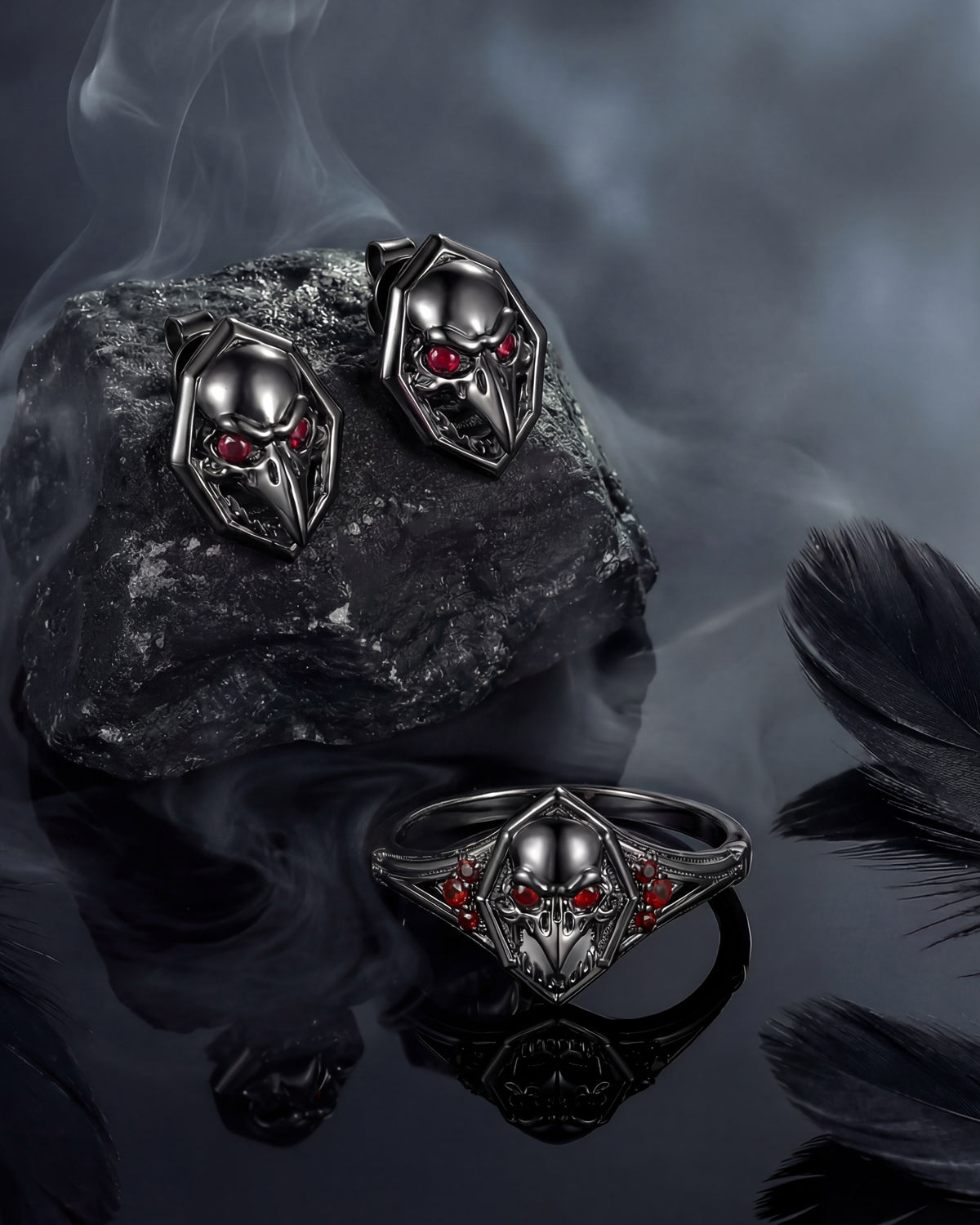 Gothic Dark Crow Inspired Garnet Black Gold Engagement Ring & Earrings Jewelry Box