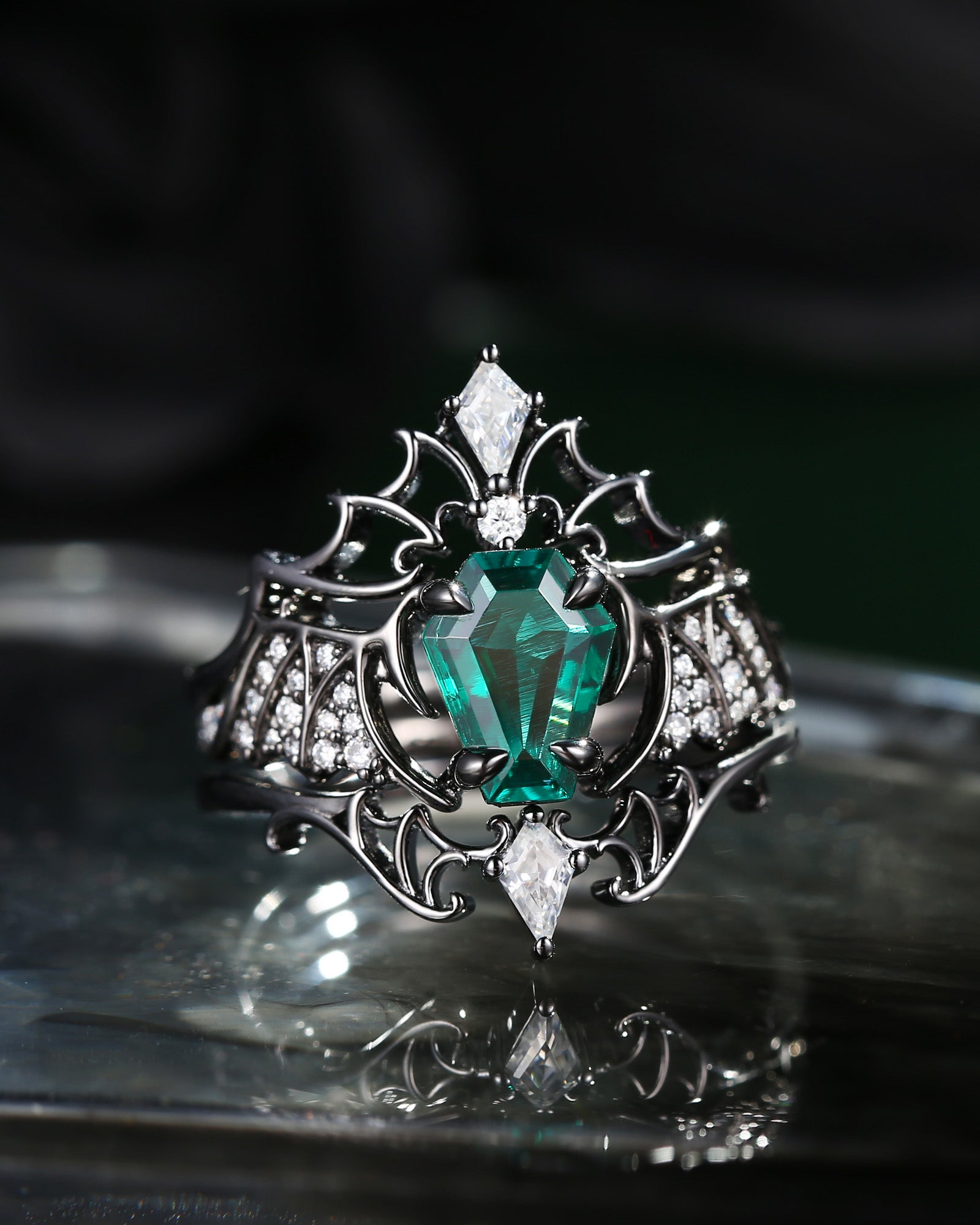 Non-Traditional Coffin Cut Lab Emerald Bat Wing Inspired Ring Black Gold Ring 3pcs