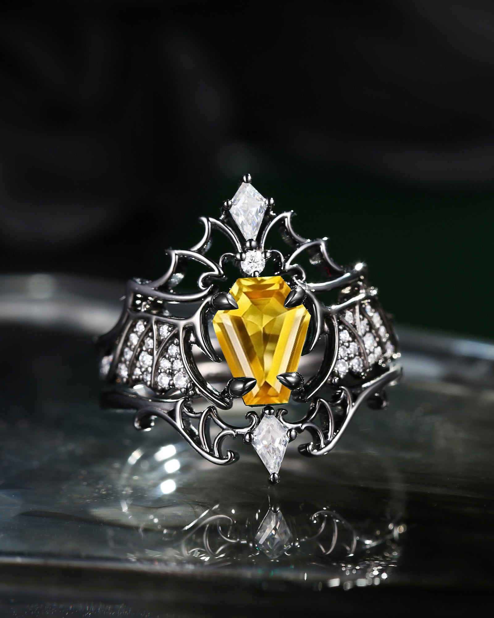 Non-Traditional Coffin Citrine Bat Wing Inspired Alternative Bride Engagement Ring 3pcs