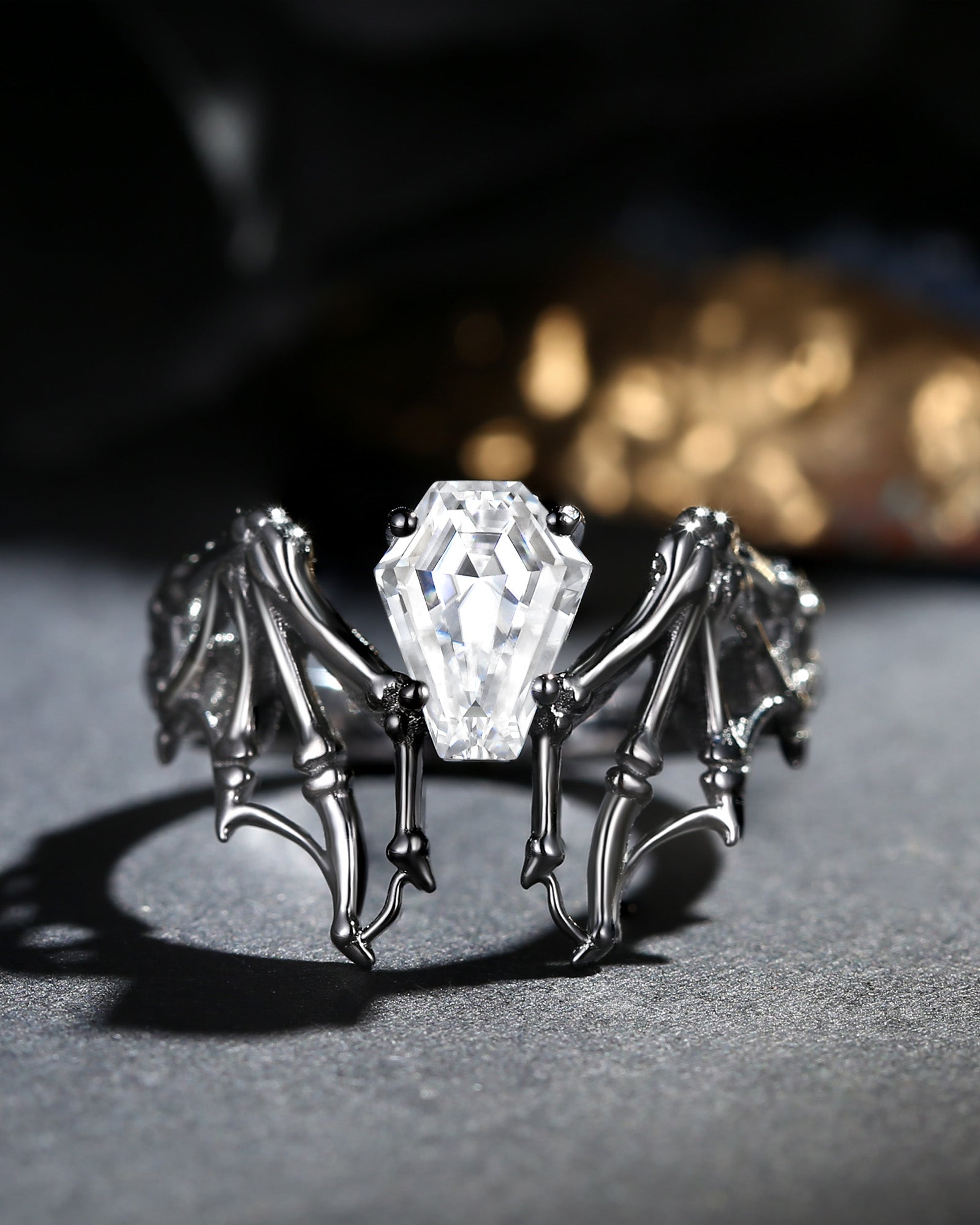 Moissanite Coffin Cut Vintage Inspired Black Gold Engagement Ring - Bat Ring