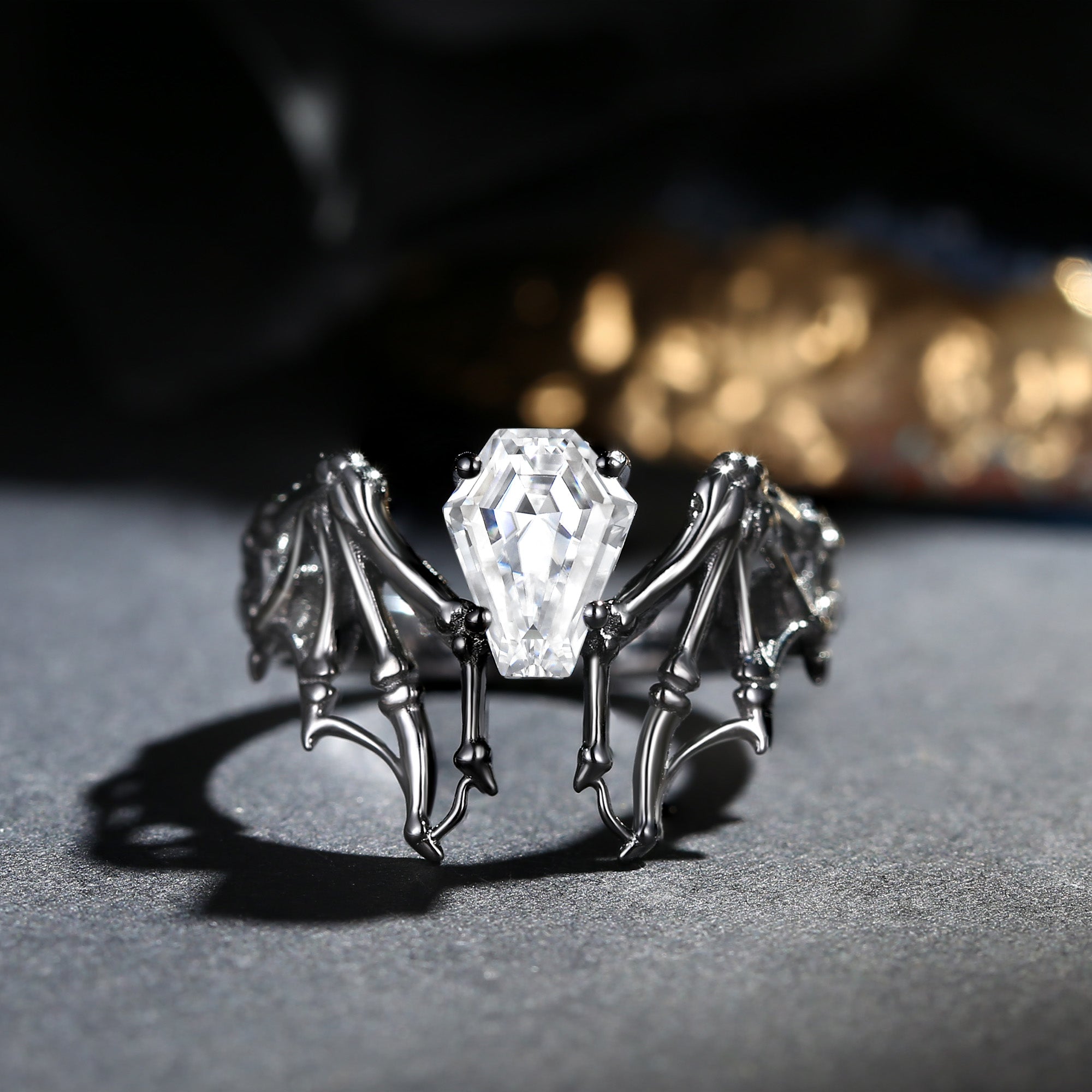 Moissanite Coffin Cut Vintage Inspired Black Gold Engagement Ring - Bat Ring