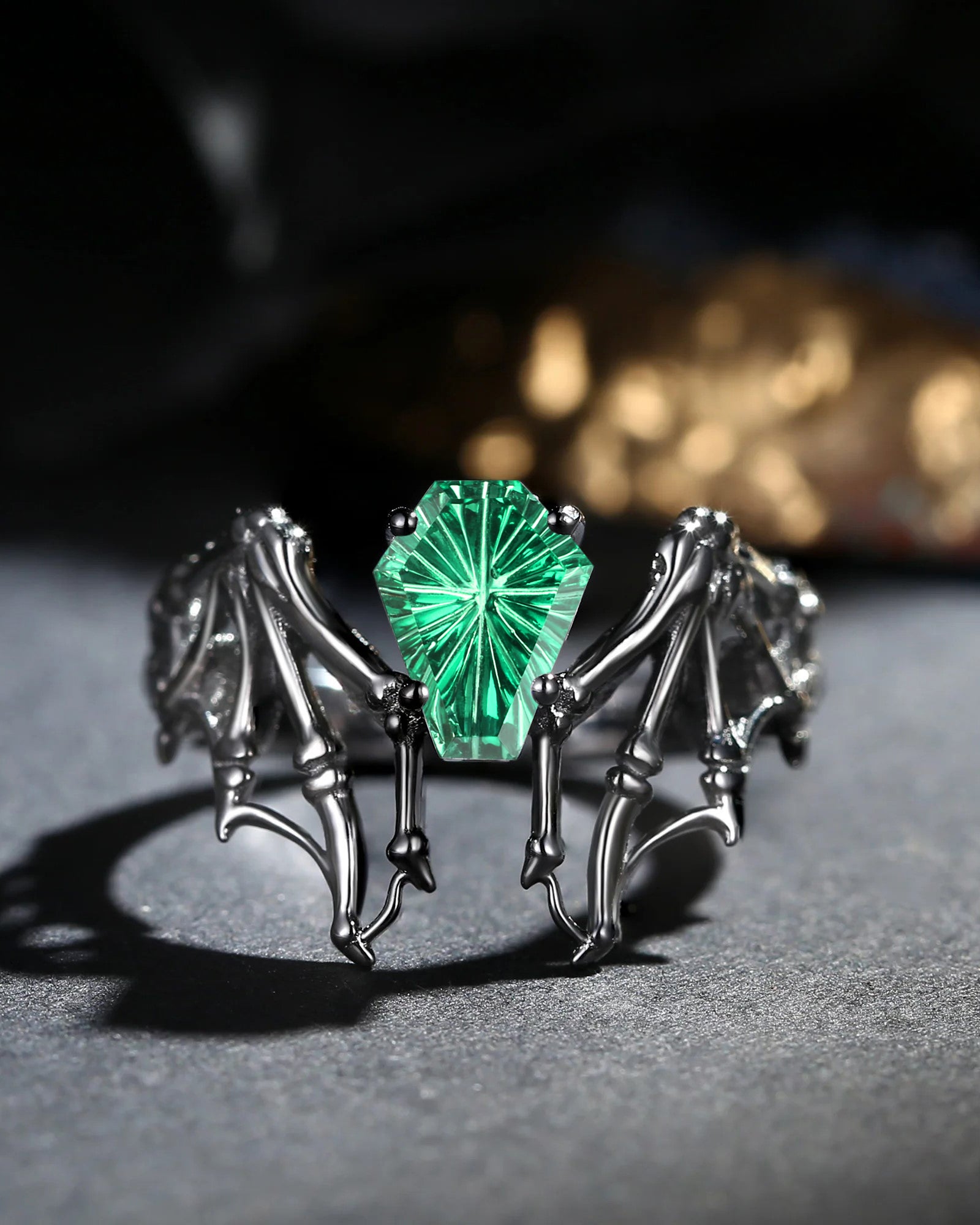 Firework Cut Lab Emerald Coffin Cut Vintage Inspired Black Gold Engagement Ring - Bat Ring