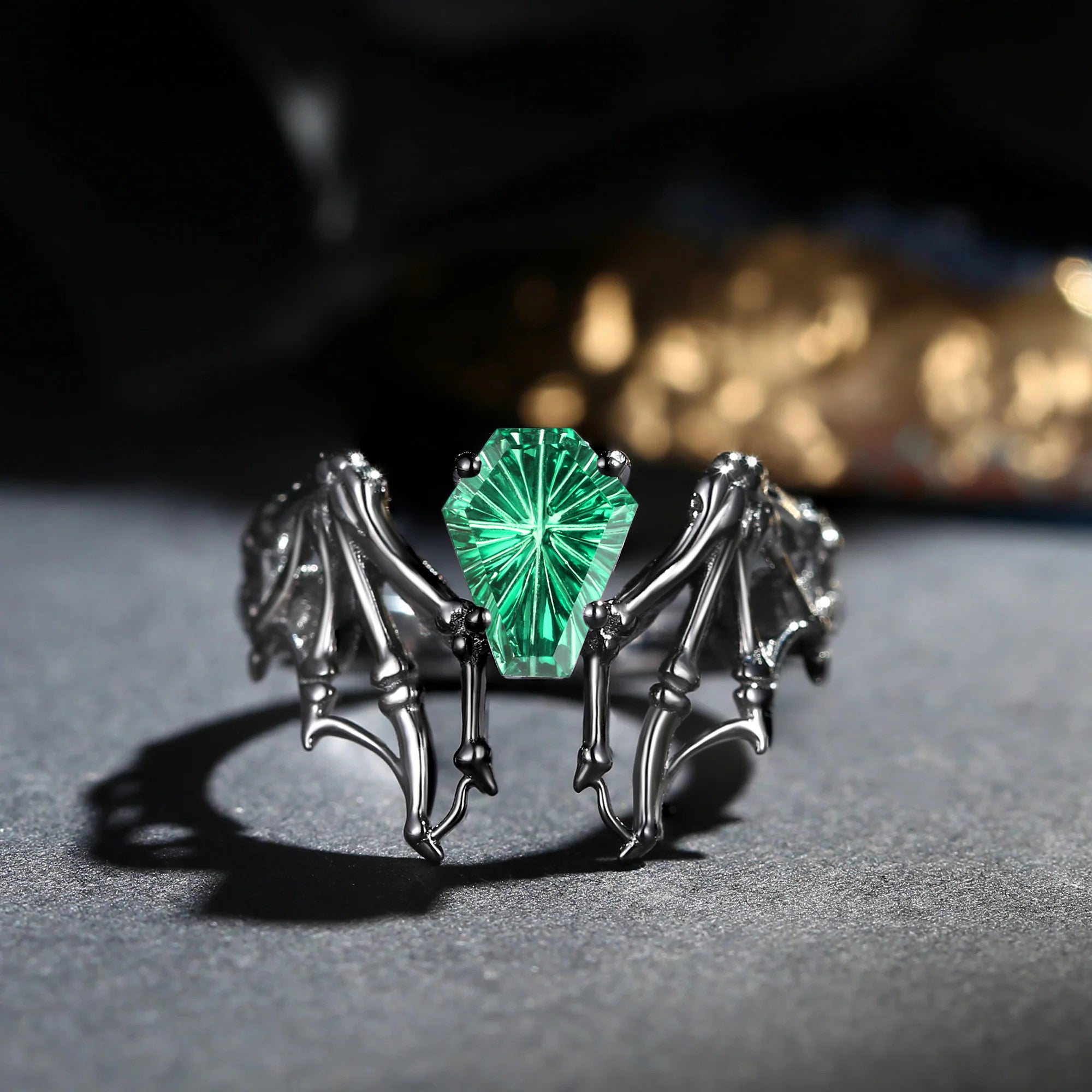 Firework Cut Lab Emerald Coffin Cut Vintage Inspired Black Gold Engagement Ring - Bat Ring