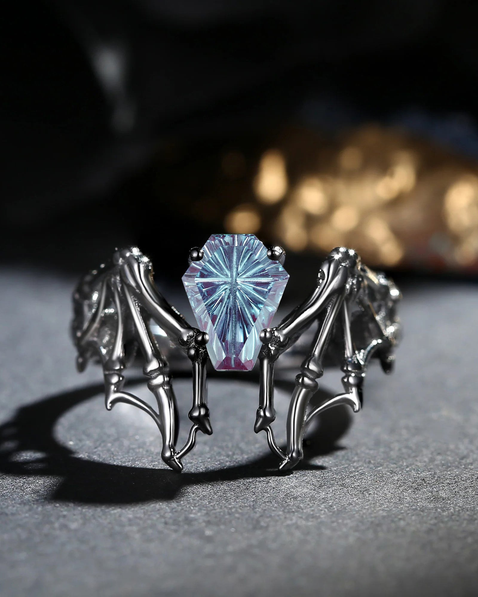 Firework Cut Coffin Lab Alexandrite Vintage Inspired Black Gold Engagement Ring - Bat Ring