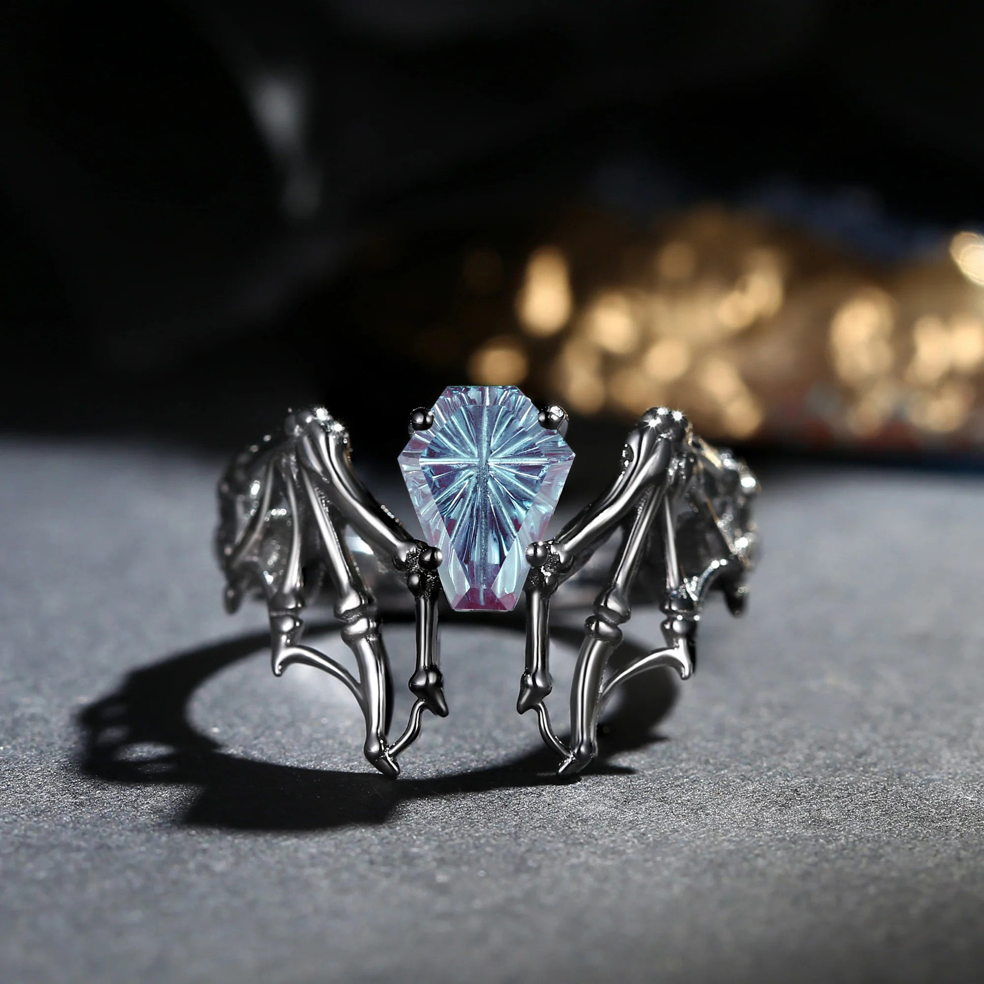 Firework Cut Coffin Lab Alexandrite Vintage Inspired Black Gold Engagement Ring - Bat Ring