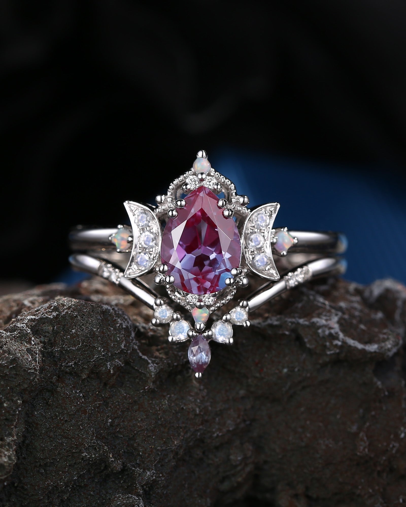 Crescent Moon | Pear Cut Alexandrite Moonstone Opal Engagement Ring Set 2pcs 18k