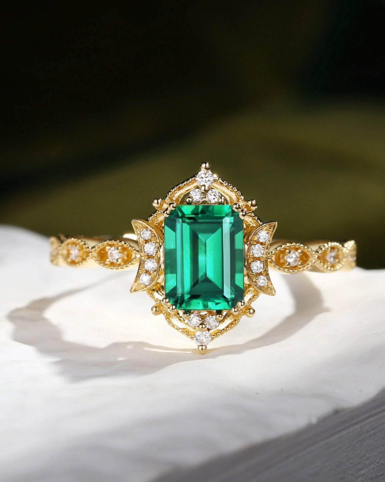 Crescent Moon | Art Deco Emerald Cut Lab Emerald Engagement Ring