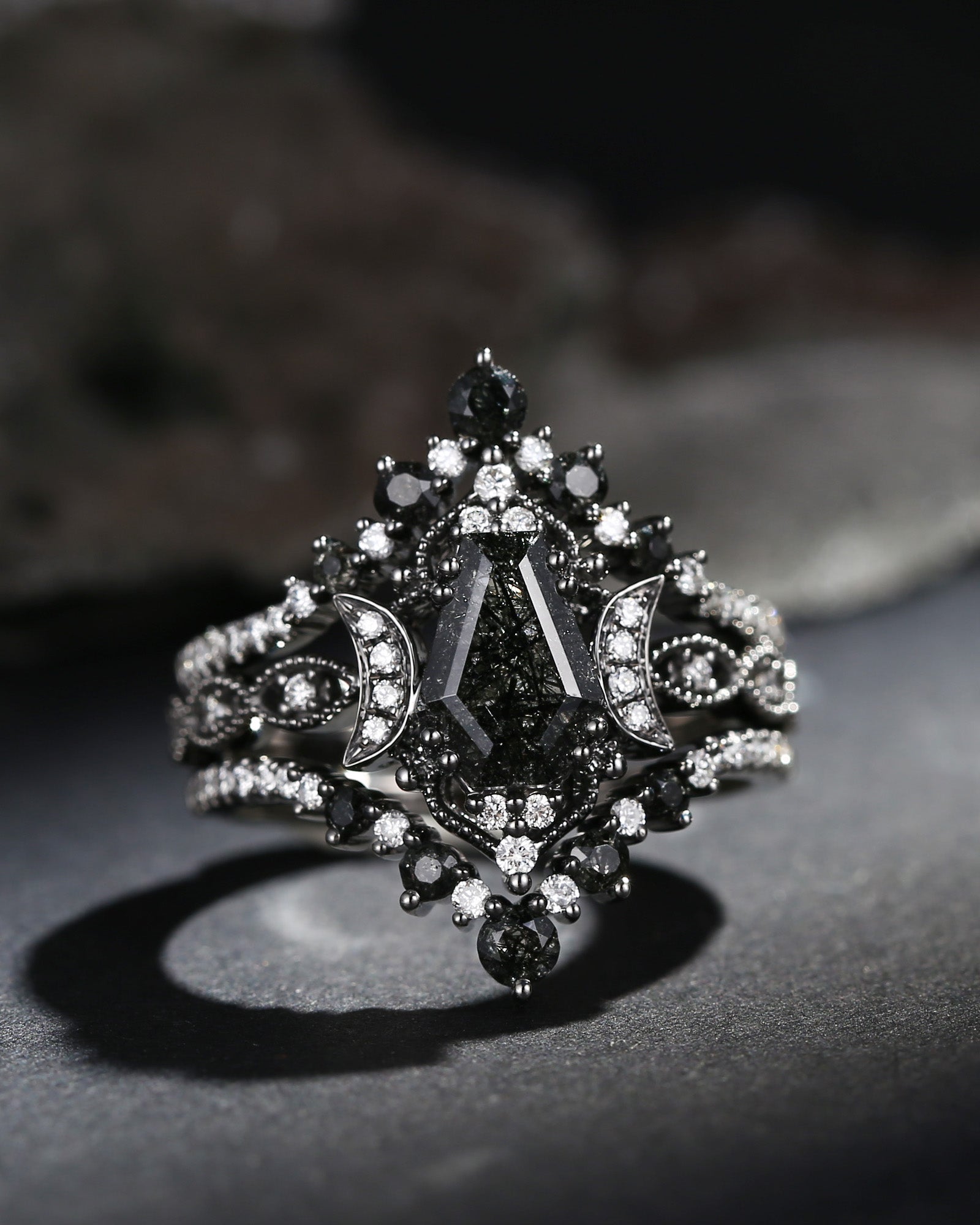 Crescent Moon | Coffin Cut Black Rutilated Quartz 'Black Statement' Ring Set 3pcs