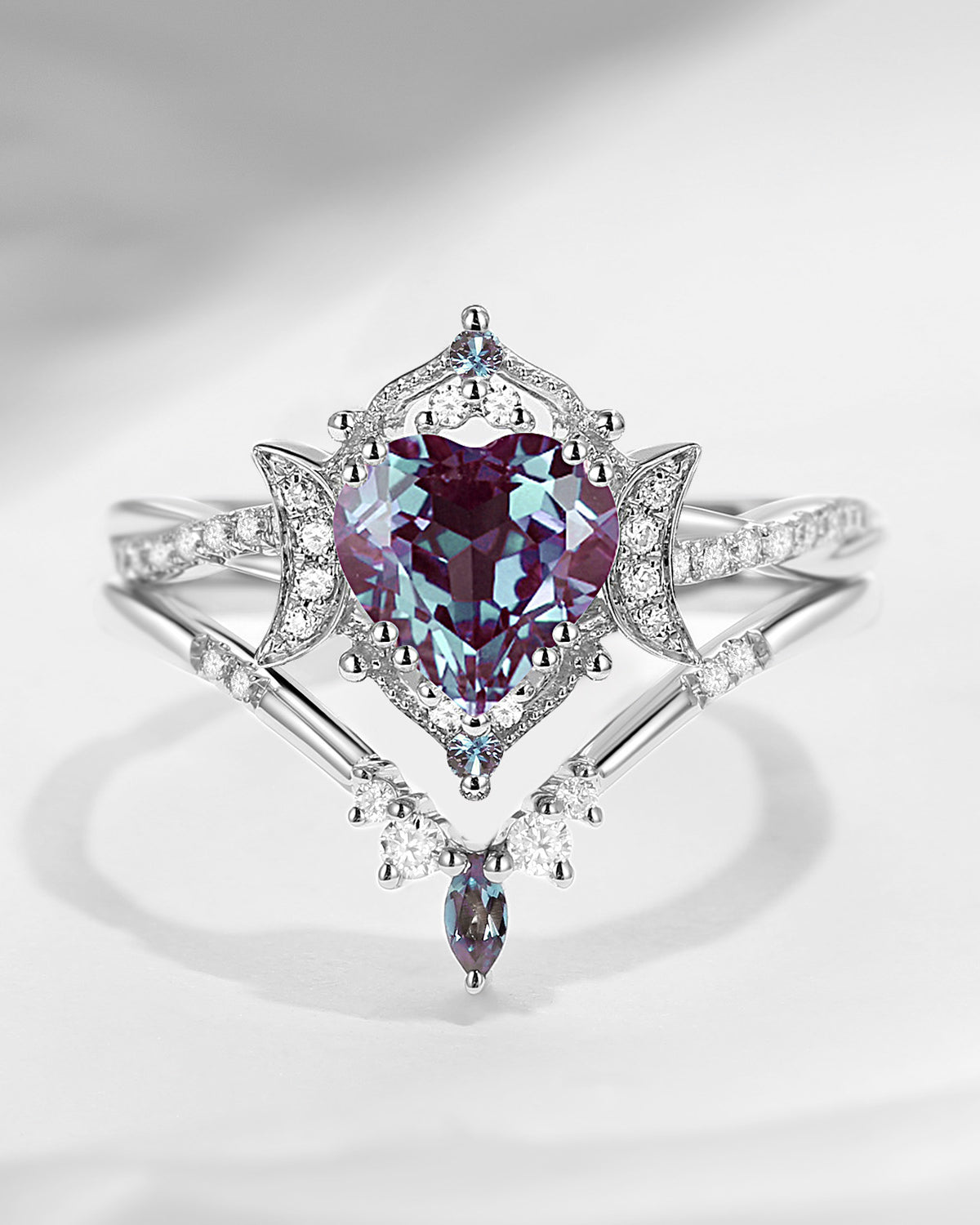 Crescent Moon | Heart Shaped Mystic Changing Color Alexandrite Engagement Ring Set 2pcs - Alexandria