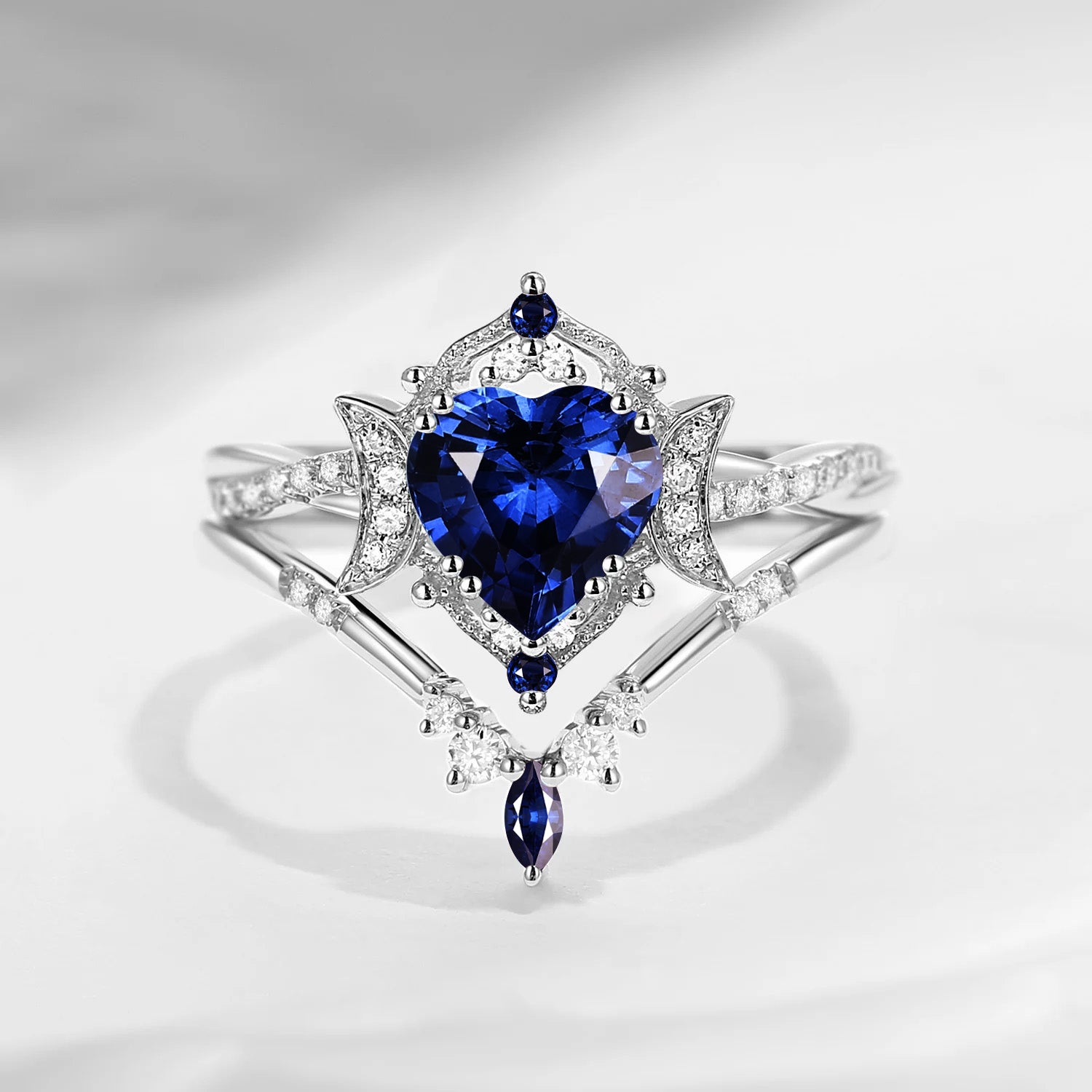 Crescent Moon | Heart Shaped Natural Sapphire Infinity Engagement Ring Set 2pcs - Alexandria
