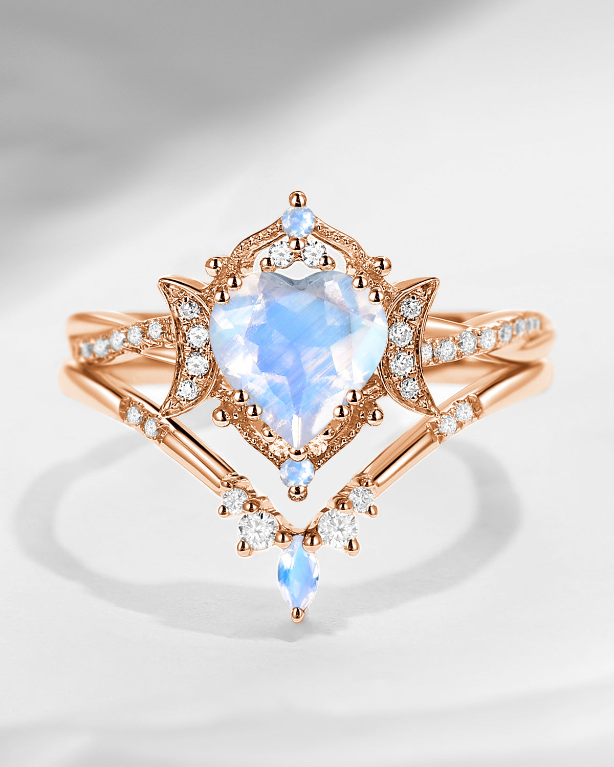 Crescent Moon | Heart Shaped Moonstone Engagement Ring Set 2pcs - Alexandria