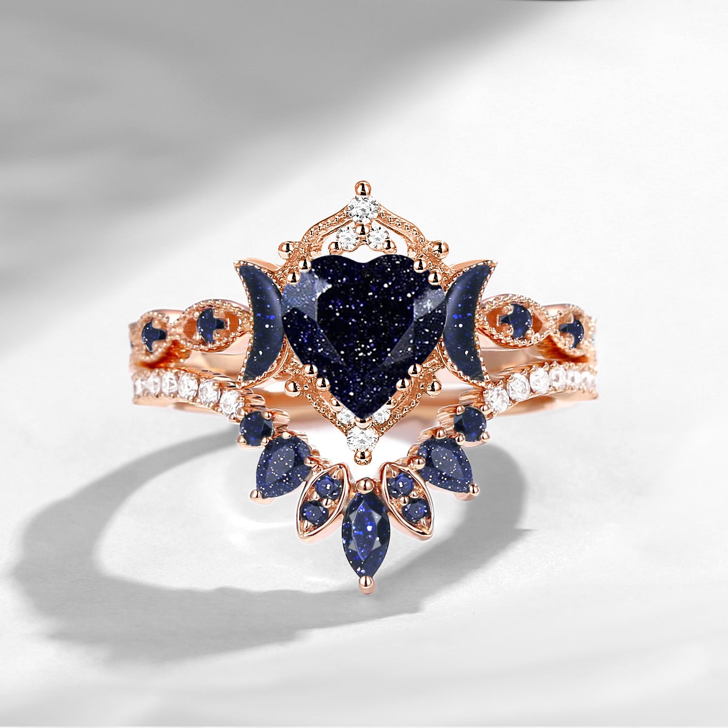 Crescent Moon | Heart Cut Blue Sandstone 'Ultra Galaxy' Engagement Ring Set 2pcs