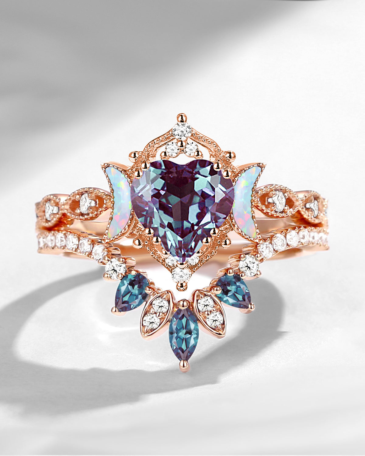 Crescent Moon | Heart Cut Lab Alexandrite 'Ultra Galaxy' Engagement Ring Set 2pcs
