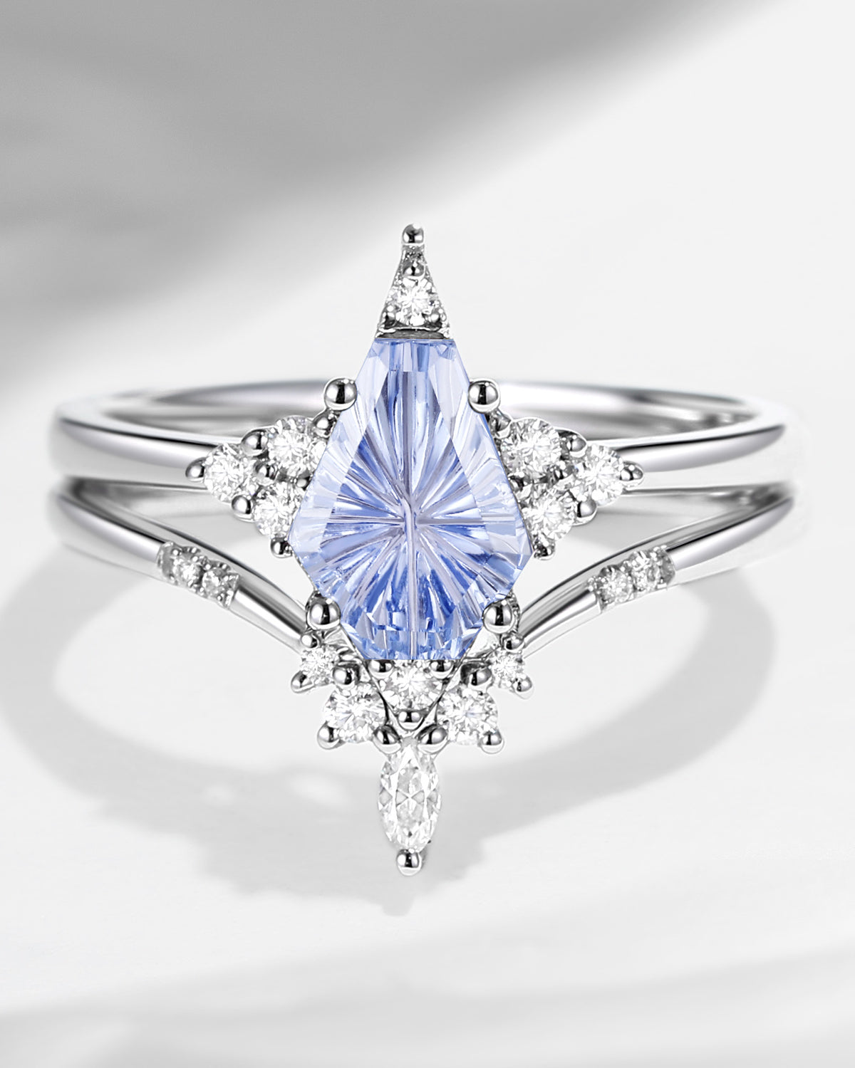 'Coffin Kite' - Fantasy Carved Coffin Lab Cornflower Sapphire Cluster Star Engagement Ring Set