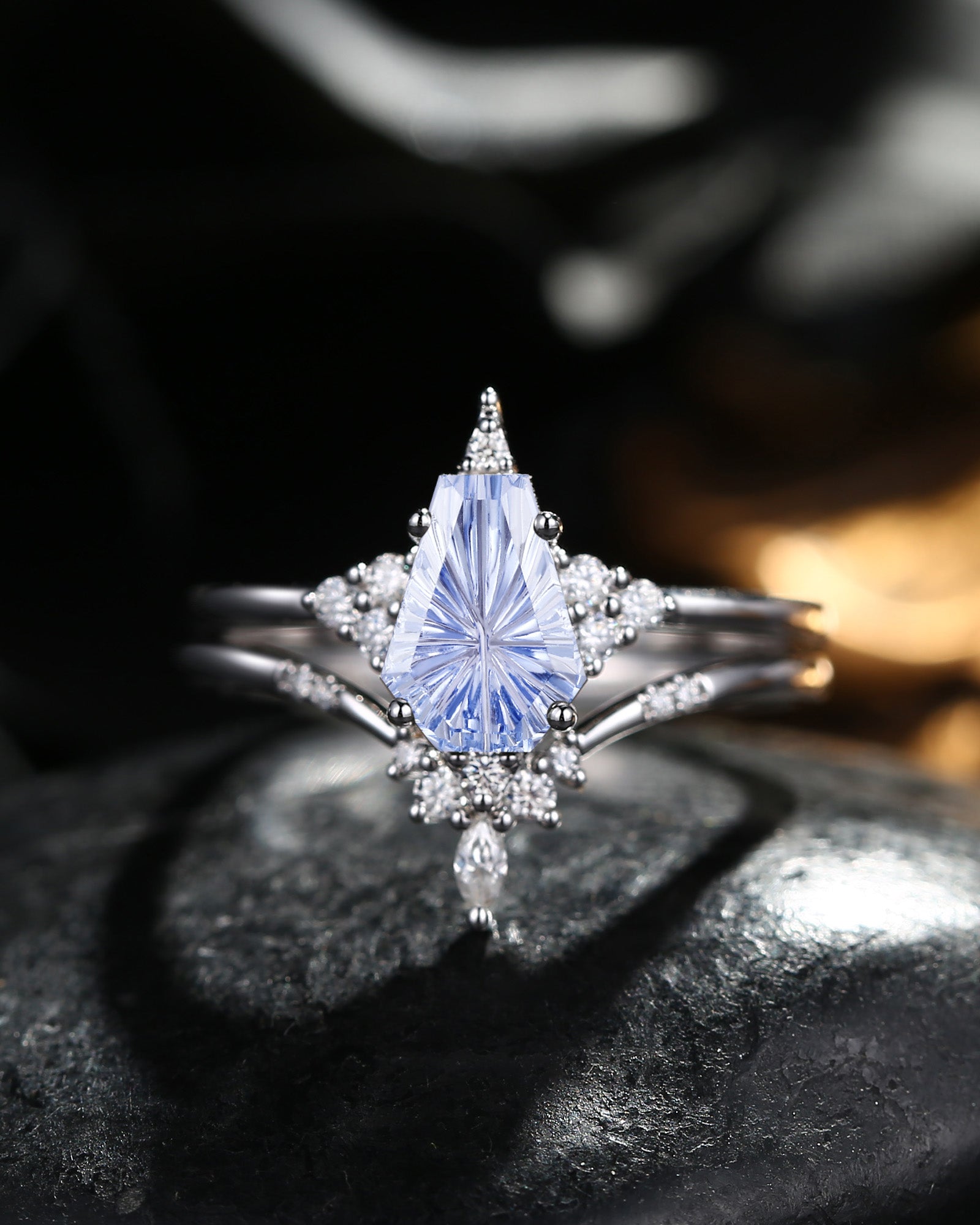 'Coffin Kite' - Fantasy Carved Coffin Lab Cornflower Sapphire Cluster Star Engagement Ring Set