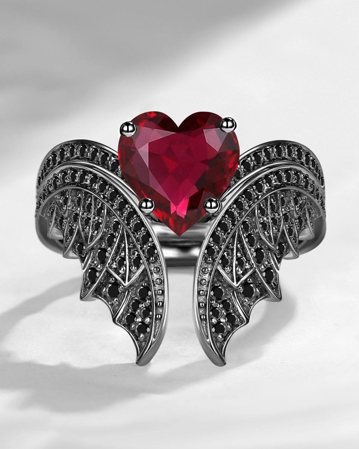Gothic Vintage Heart Shaped Natural Ruby Black Inspired Bridal Set 2pcs - Bat Ring