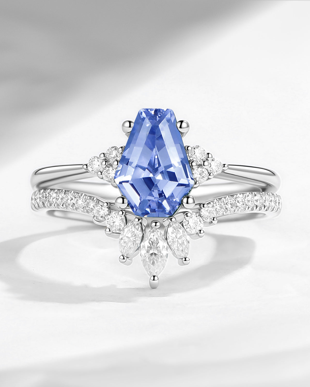 Classic Coffin Cut Lab Cornflower Sapphire Engagement Set 2pcs - White Dress