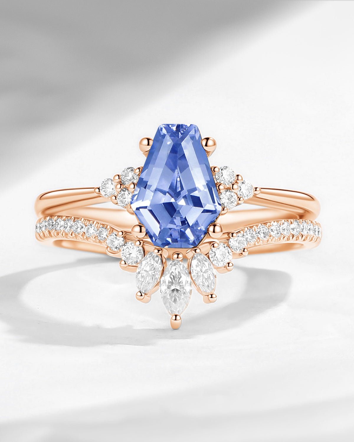 Classic Coffin Cut Lab Cornflower Sapphire Engagement Set 2pcs - White Dress