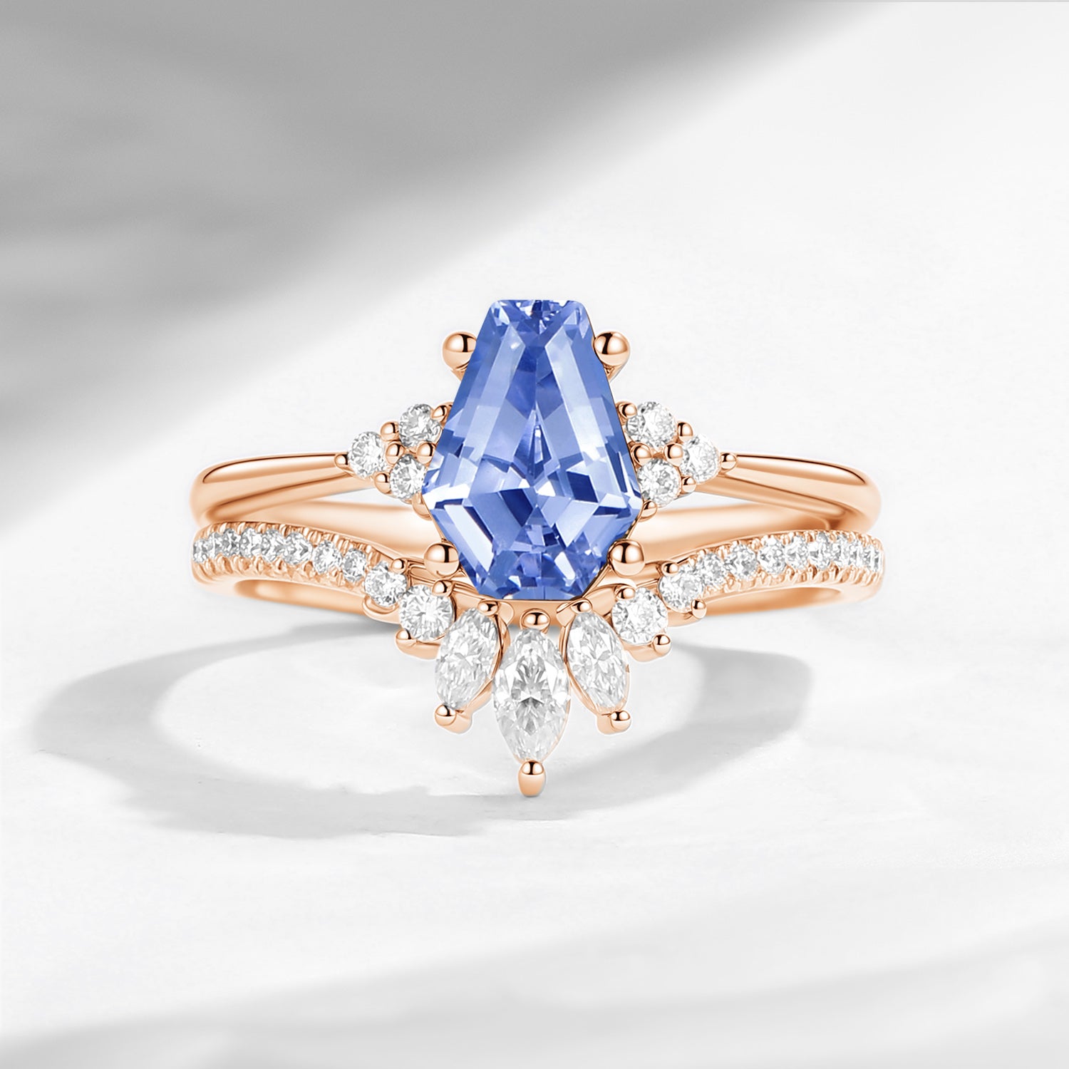 Classic Coffin Cut Lab Cornflower Sapphire Engagement Set 2pcs - White Dress