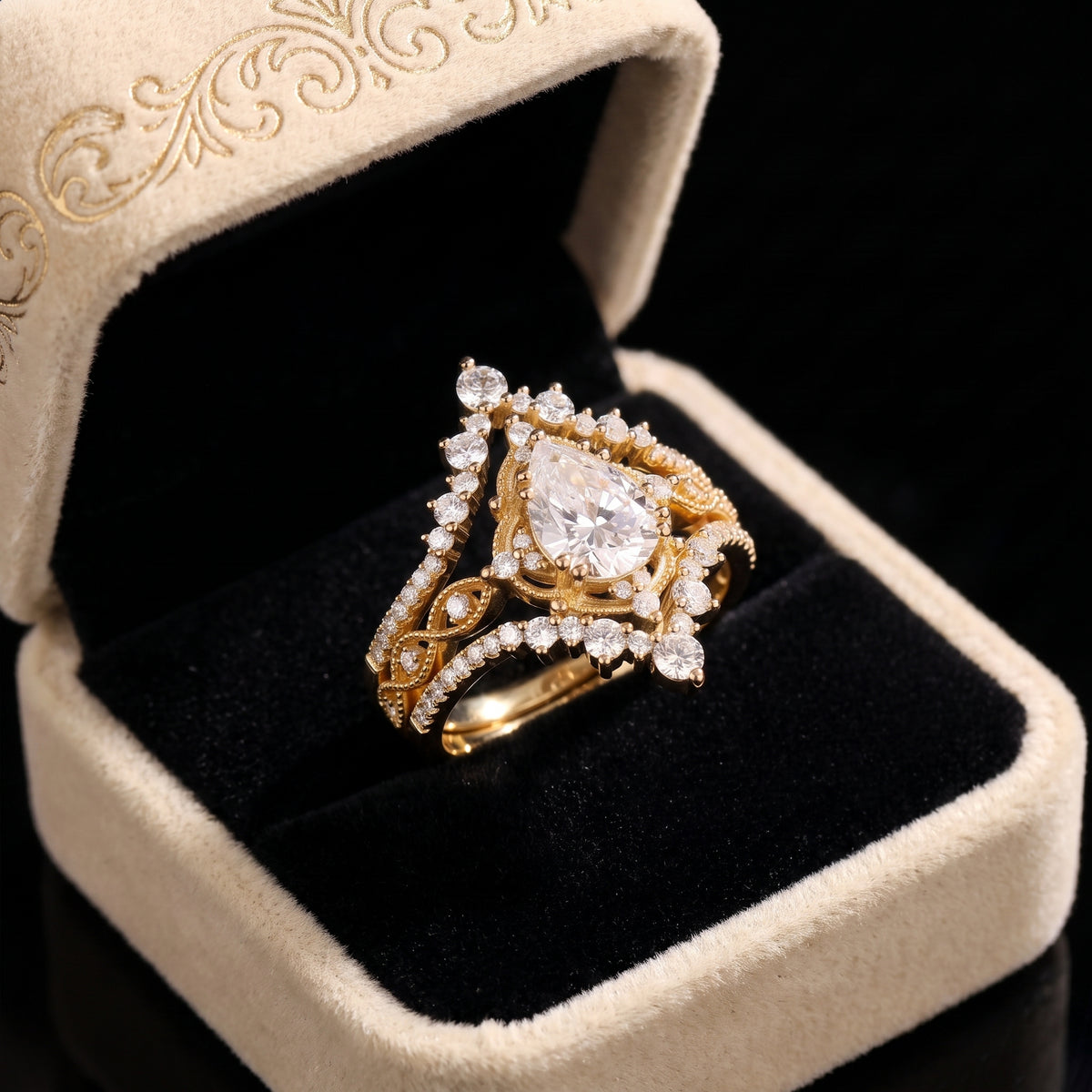 'Elara' - Vintage Pear Cut Moissanite Engagement Ring Set with Milgrain Detailing