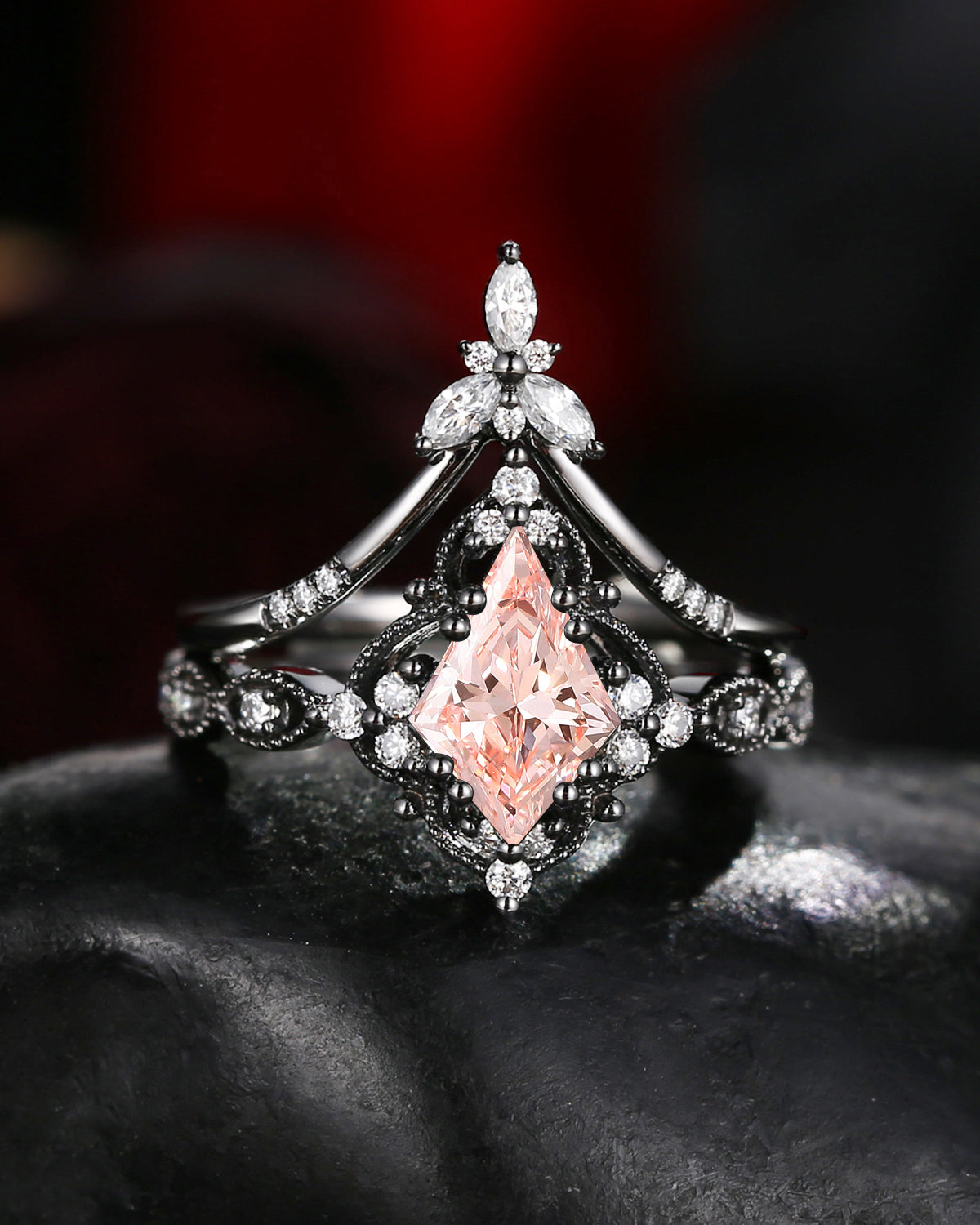 Vintage Inspired Kite Cut Lab Pink Diamond Milgrain Engagement Ring Set 2pcs