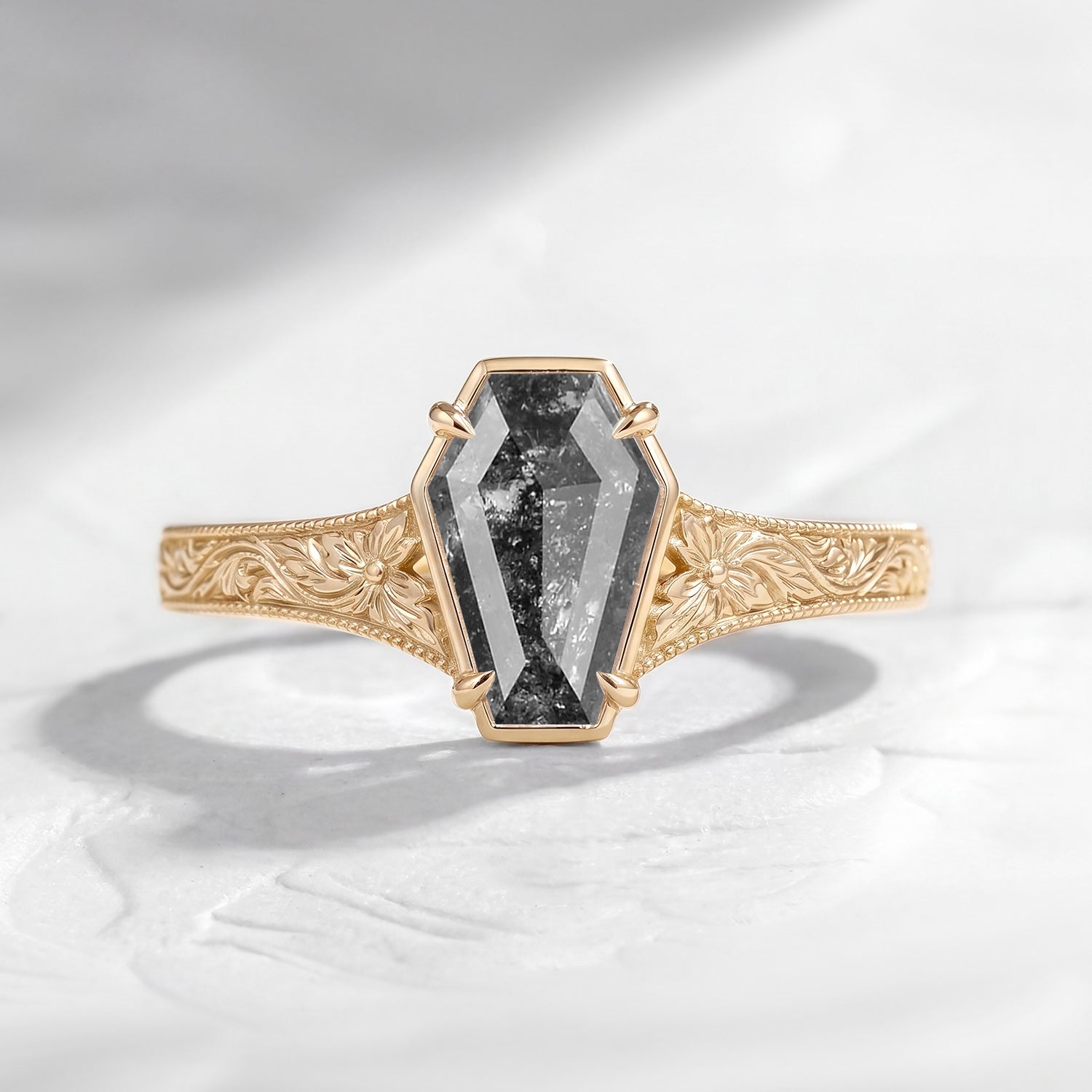 Vintage Inspired - Coffin Cut Natural Salt & Pepper Diamond Engagement Ring with Floral Engraving