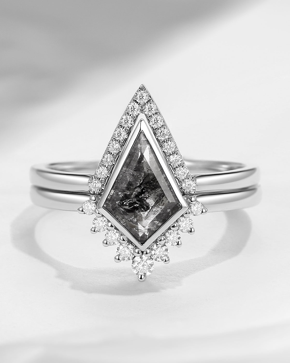 18K Art Deco Kite Shaped Hekimer Diamond Engagement Ring Bridal Set 2pcs - Statement