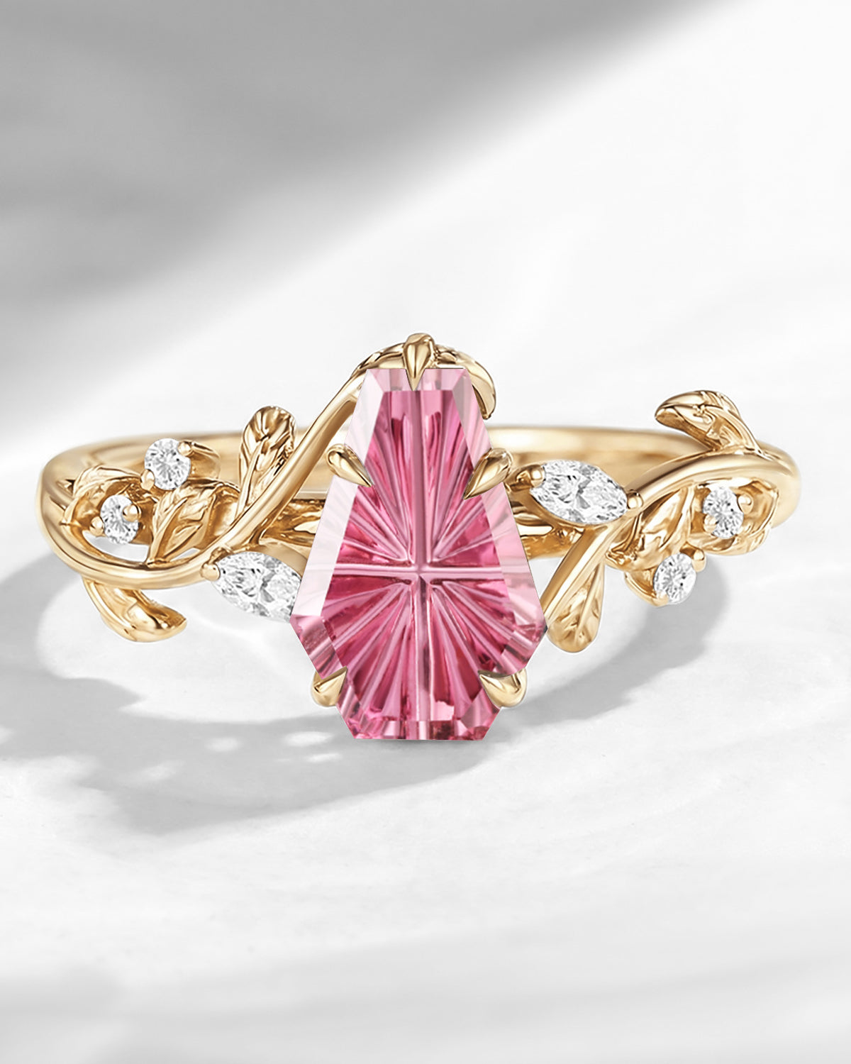 Nature Inspired Fantasy Carved Coffin Natural Pink Tourmaline Unique Leaf Vine Engagement Ring