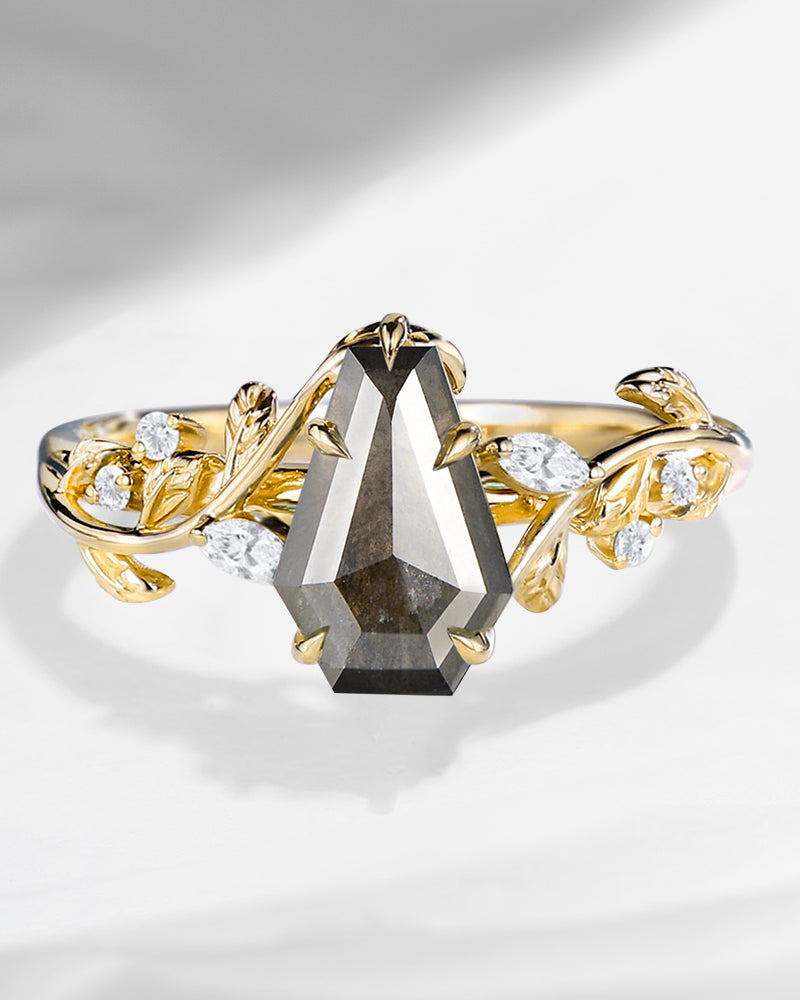 Unique Coffin Salt And Pepper Diamond Leaf And Vine Engagement Ring