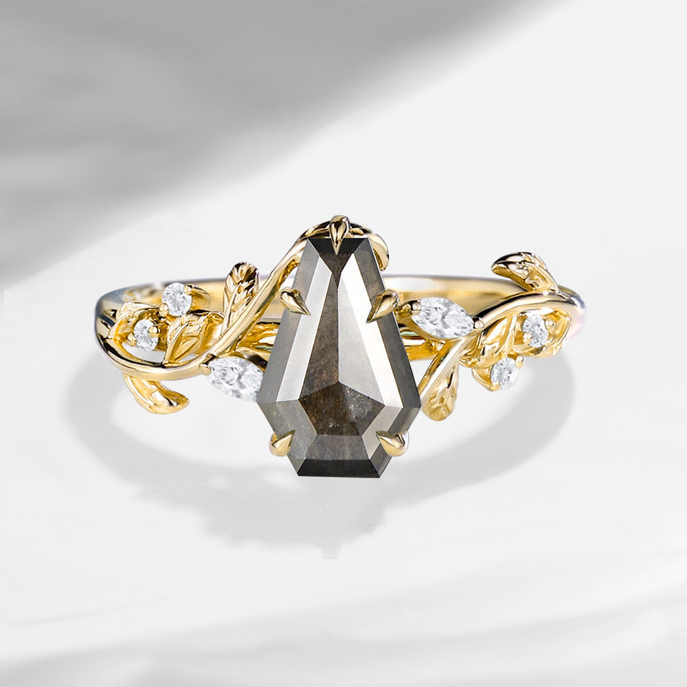 Unique Coffin Salt And Pepper Diamond Leaf And Vine Engagement Ring