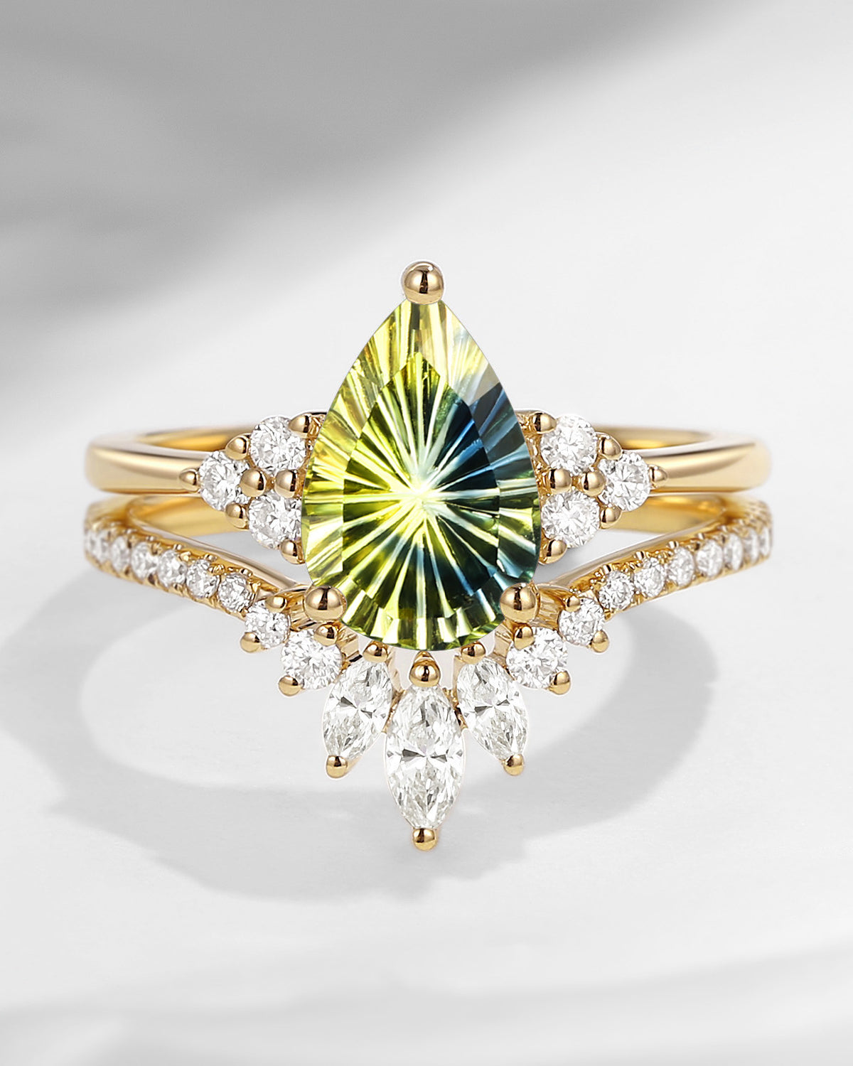 Pear Firework Cut Natural Multi-Colored Sapphire Cluster Engagement Ring Set 2pcs - Vivian