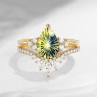 Pear Firework Cut Natural Multi-Colored Sapphire Cluster Engagement Ring Set 2pcs - Vivian