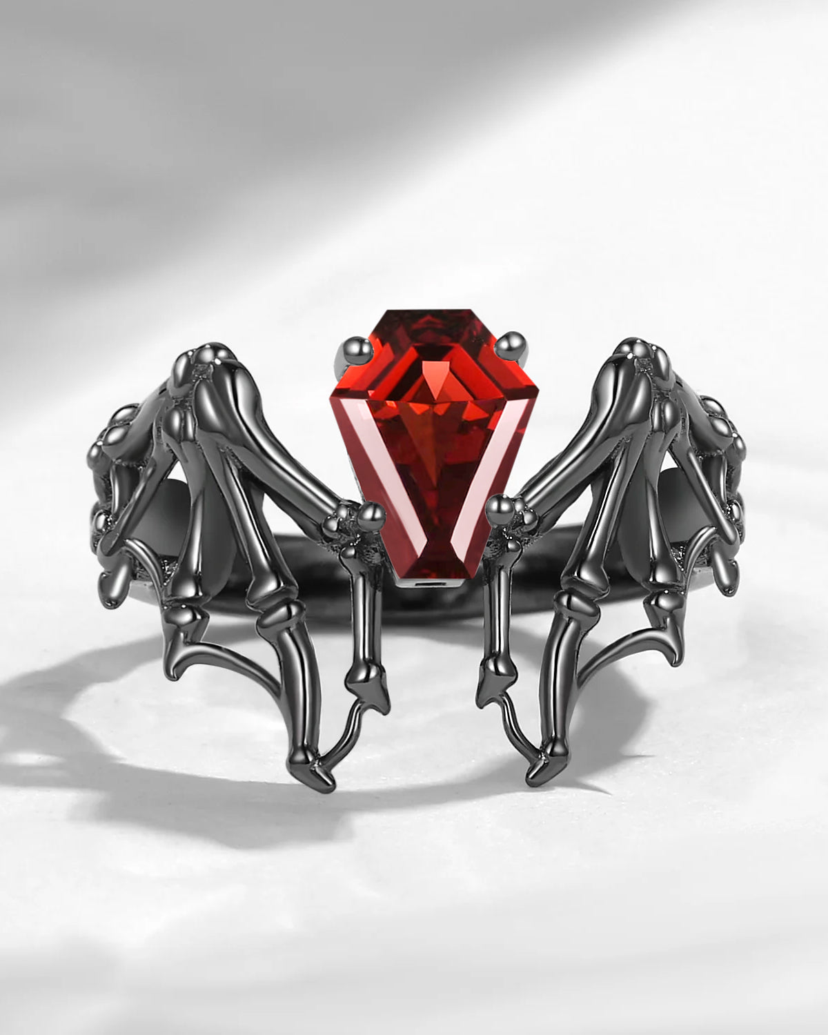 Garnet Coffin Cut Vintage Inspired Black Gold Engagement Ring - Bat Ring