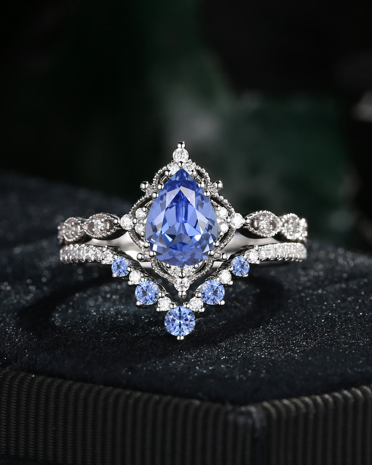 Antique Pear Cut Lab Cornflower Sapphire Engagement Ring 2pcs