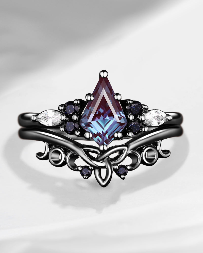 Kite Cut Lab Alexandrite Celtic Engagement Ring Set 2pcs