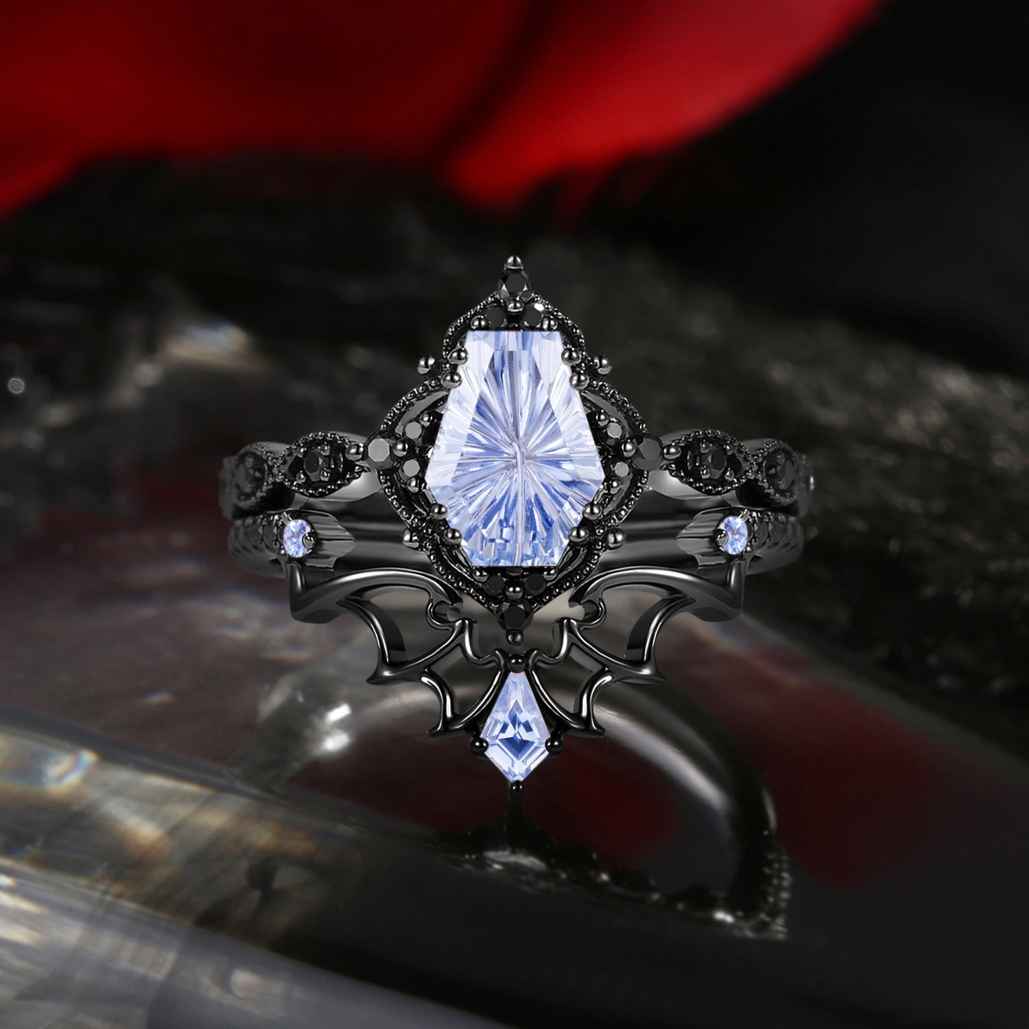 'Dark Romance' – Gothic Fantasy Carved Coffin Lab Cornflower Sapphire Engagement Ring Set