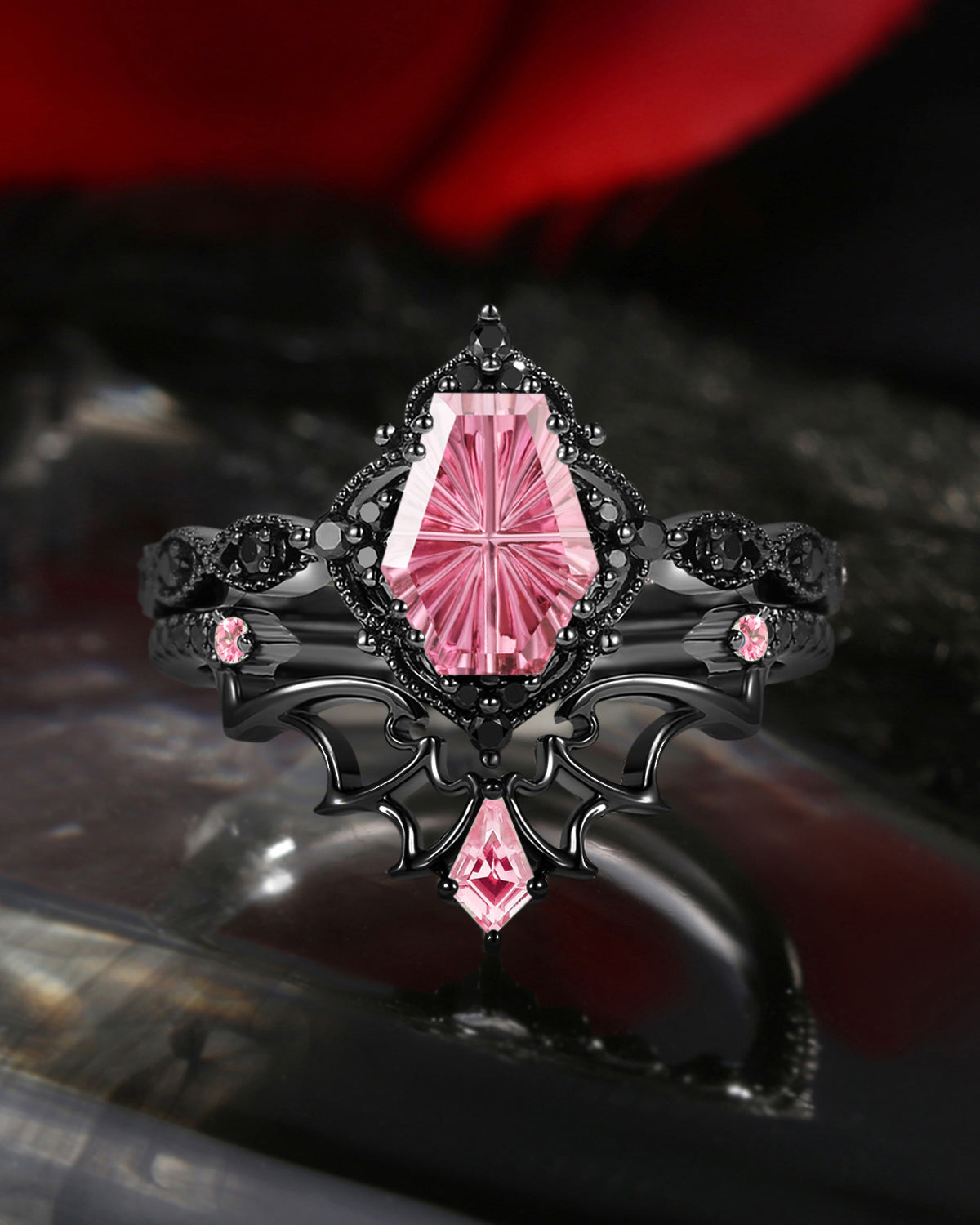 'Dark Romance' – Gothic Fantasy Carved Coffin Natural Pink Tourmaline Engagement Ring Set