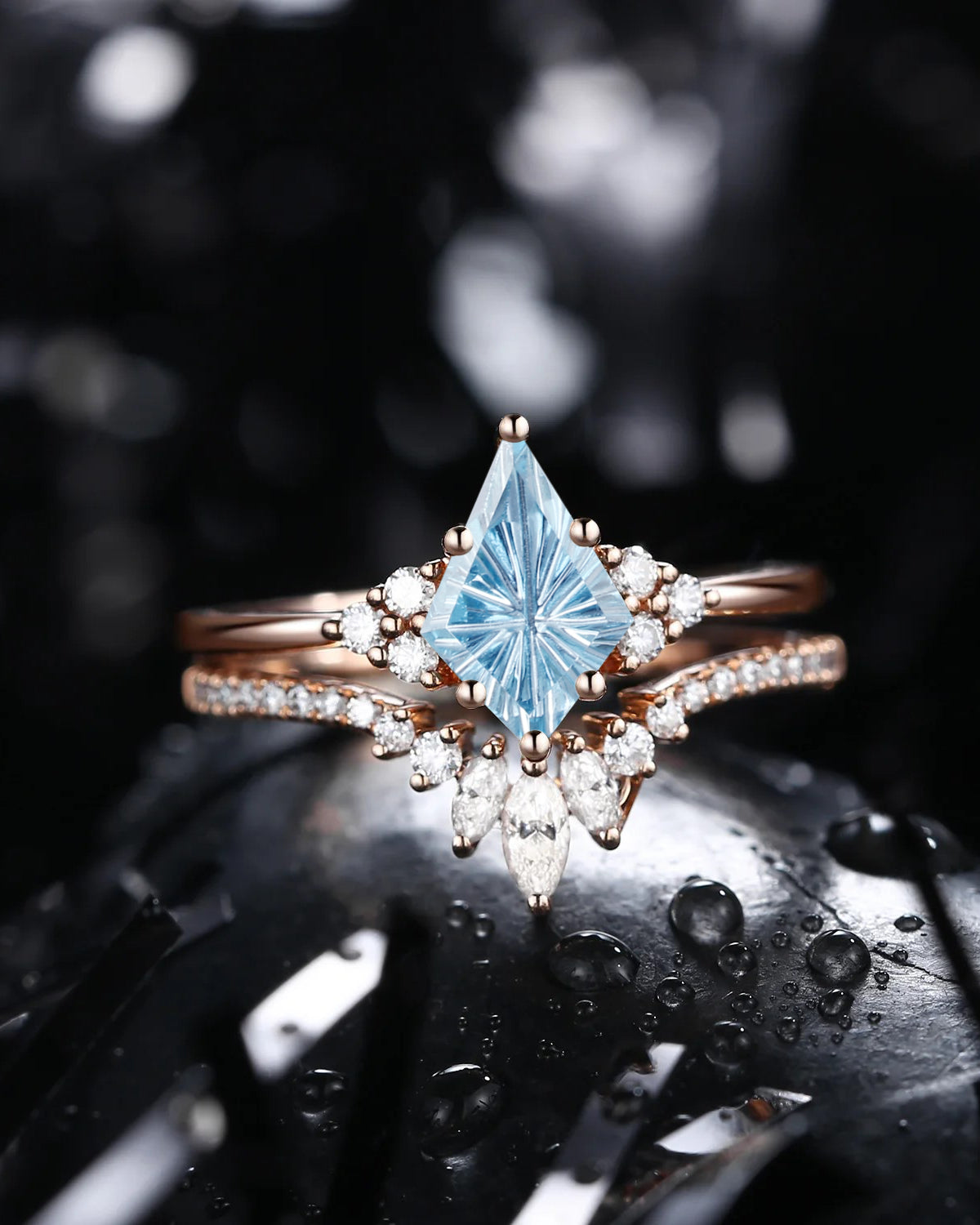 Firework Cut Kite Shaped Natural Aquamarine Cluster Engagement Ring Set 2pcs - Electra