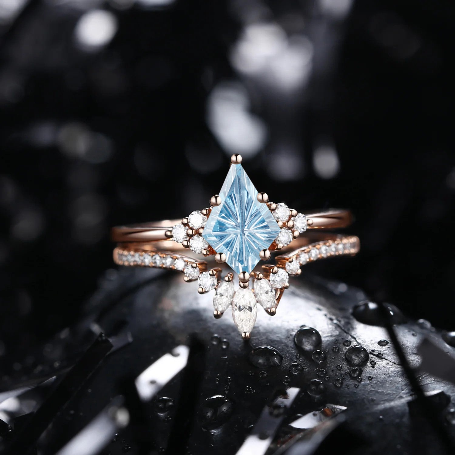 Firework Cut Kite Shaped Natural Aquamarine Cluster Engagement Ring Set 2pcs - Electra
