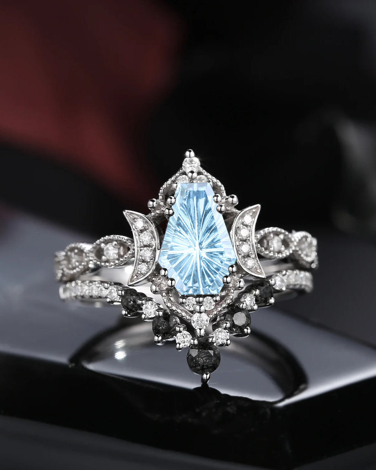 Crescent Moon | Fantasy Carved Coffin Natural Aquamarine 'Till Death Do Us Apart' Ring Set 2pcs