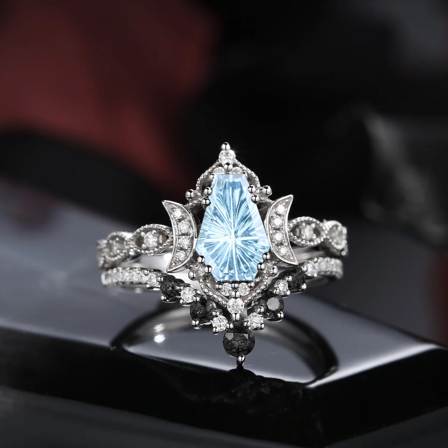 Crescent Moon | Fantasy Carved Coffin Natural Aquamarine 'Till Death Do Us Apart' Ring Set 2pcs