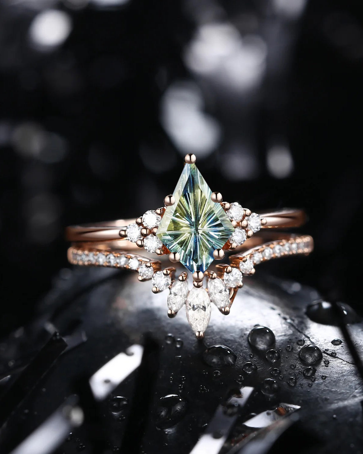 Firework Cut Kite Shaped Natural Multi-Colored Sapphire Cluster Engagement Ring Set 2pcs - Electra