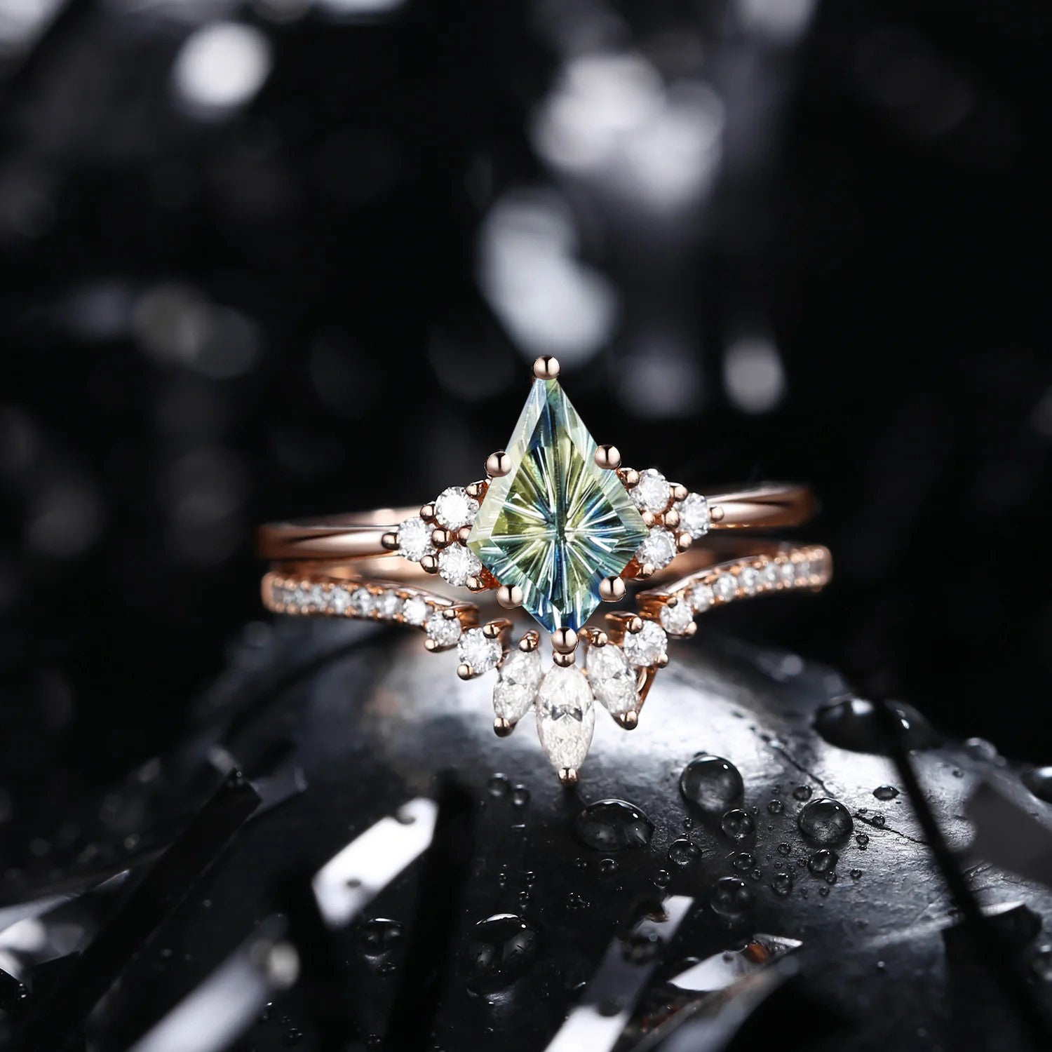 Firework Cut Kite Shaped Natural Multi-Colored Sapphire Cluster Engagement Ring Set 2pcs - Electra